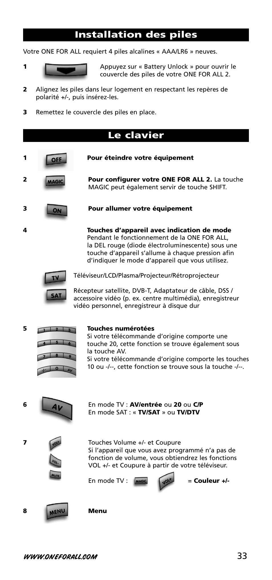 33 installation des piles, Le clavier | One for All URC-3720 User Manual | Page 33 / 166