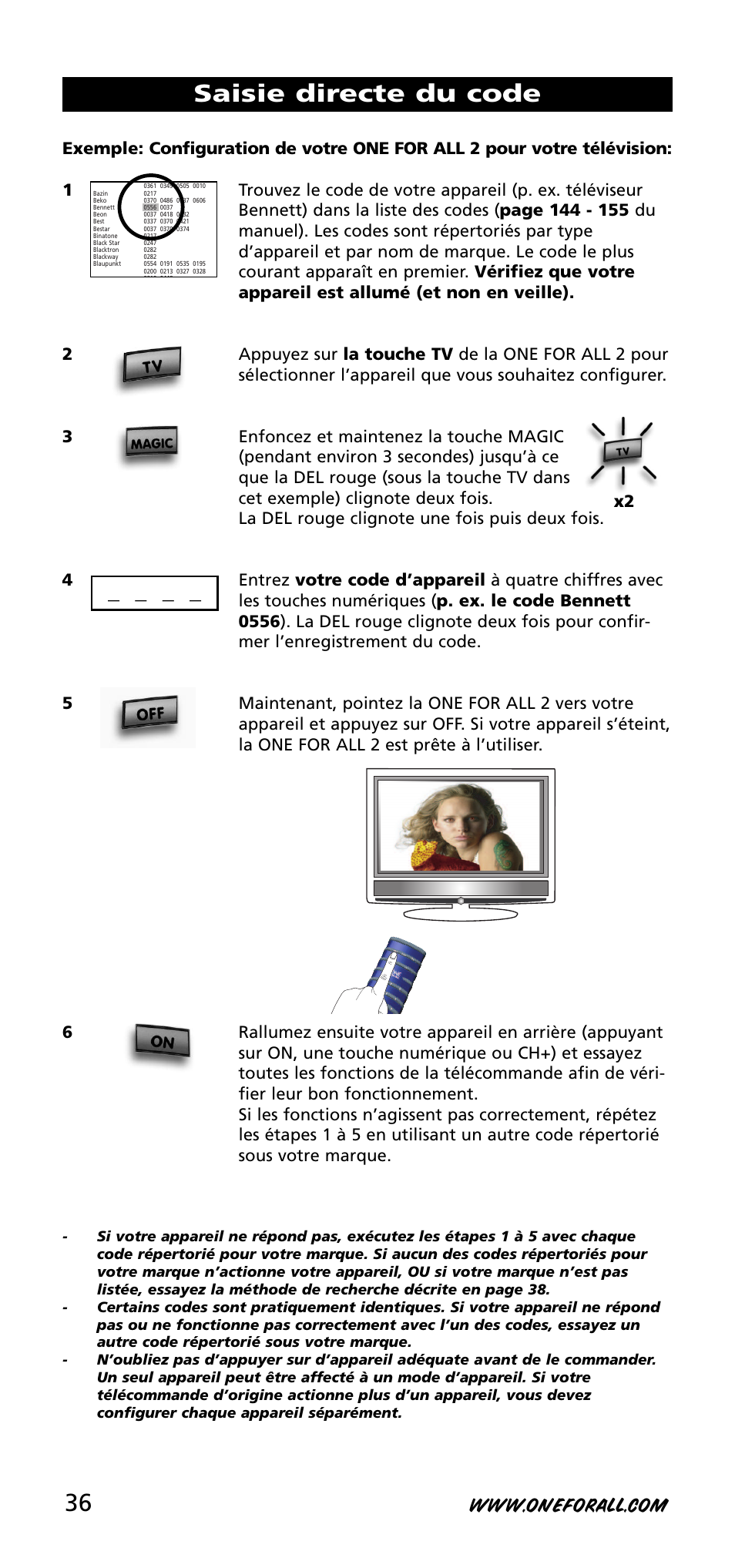 Saisie directe du code | One for All URC-3720 User Manual | Page 36 / 166