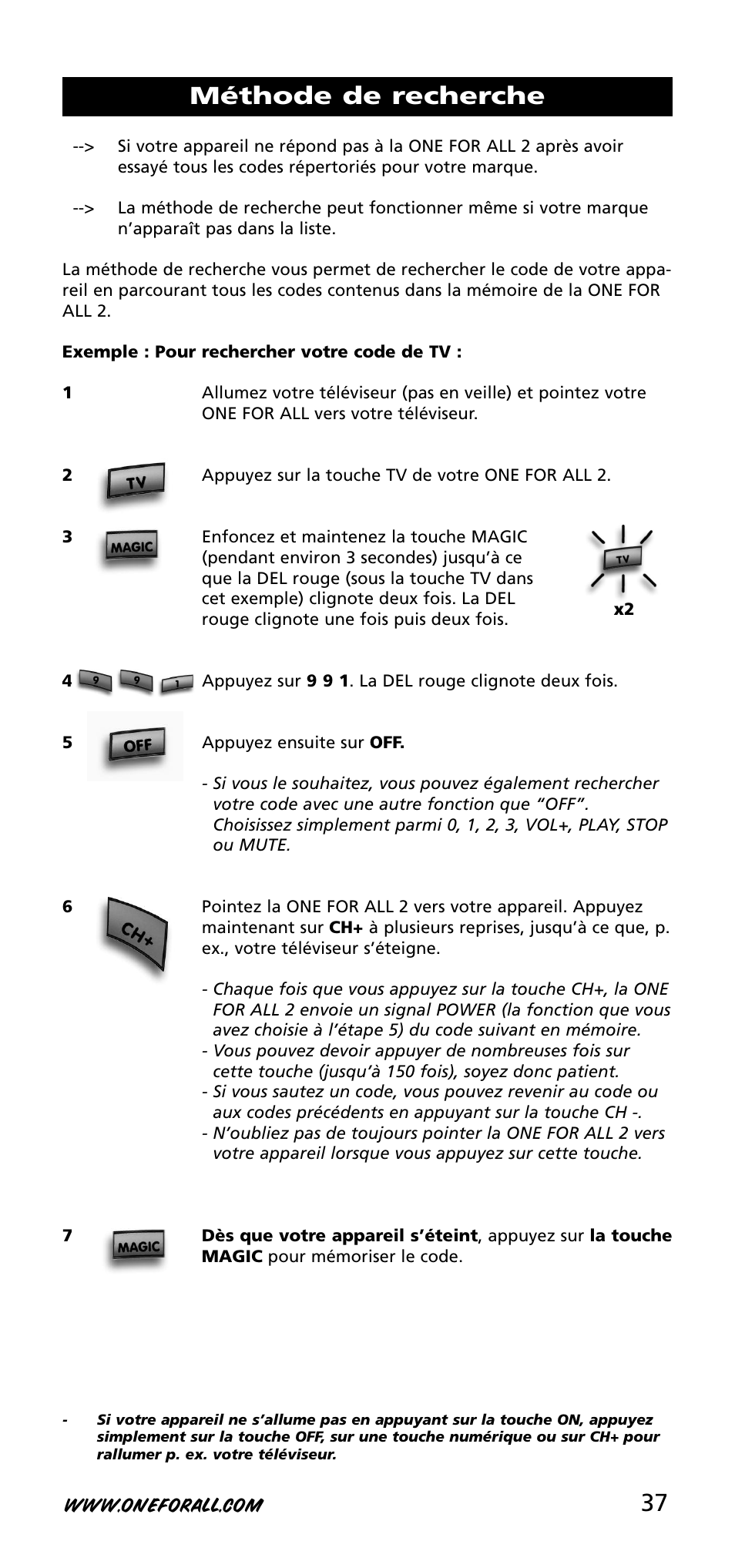 Méthode de recherche | One for All URC-3720 User Manual | Page 37 / 166