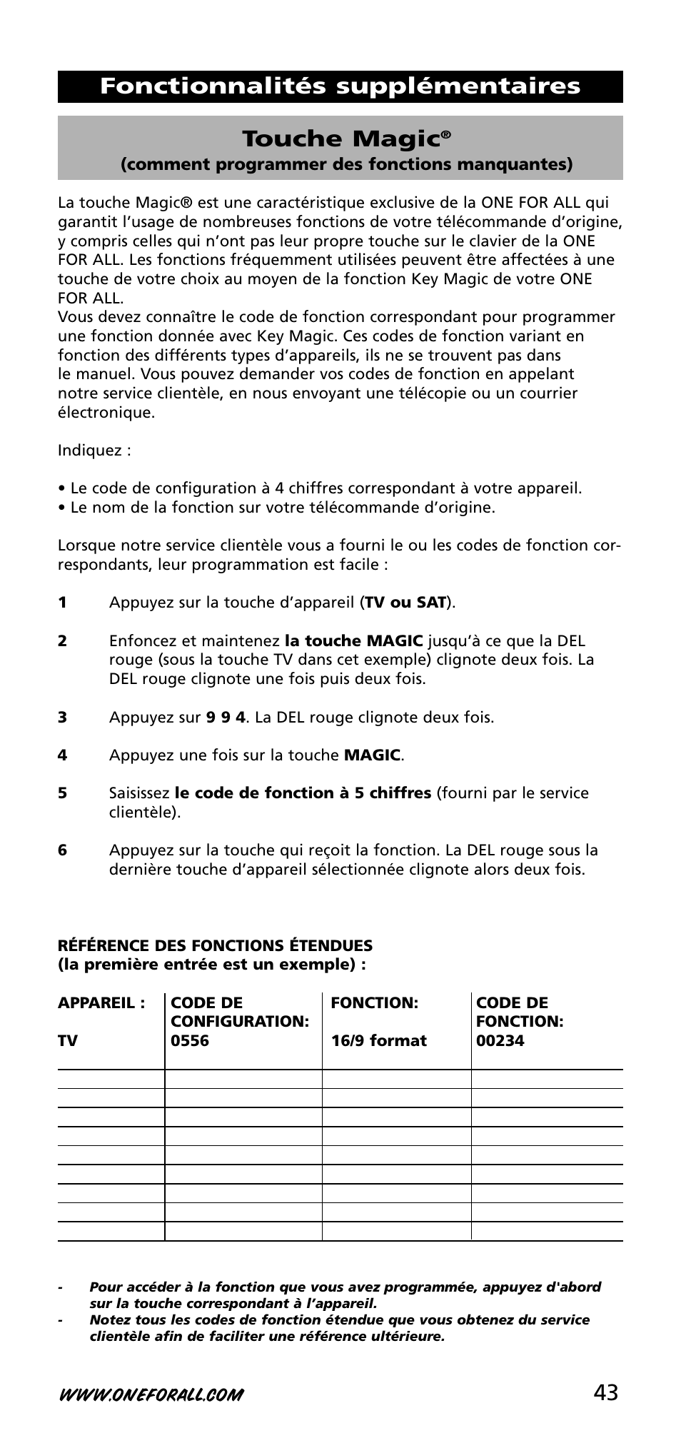 43 touche magic, Fonctionnalités supplémentaires | One for All URC-3720 User Manual | Page 43 / 166