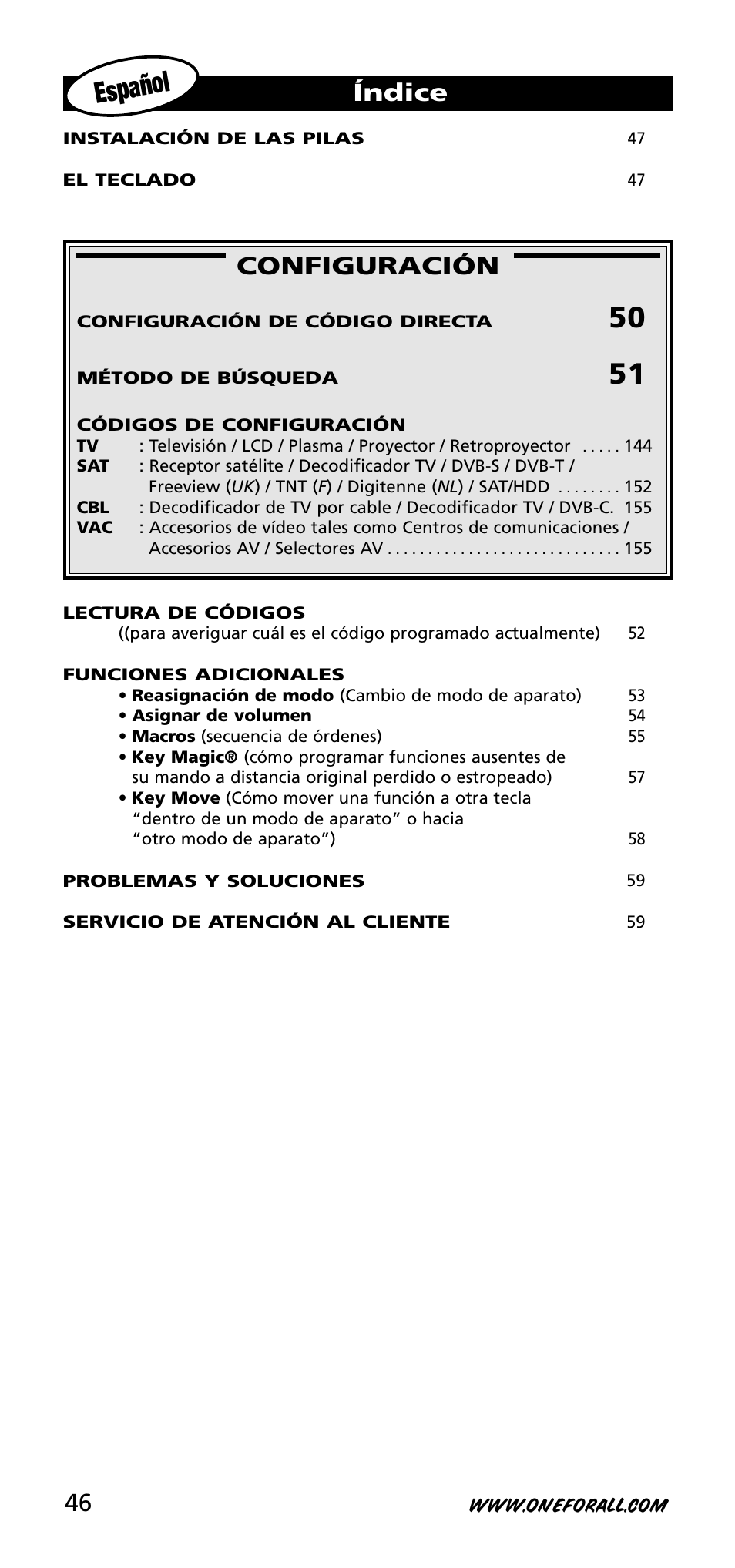 Español, Configuración, Índice | One for All URC-3720 User Manual | Page 46 / 166