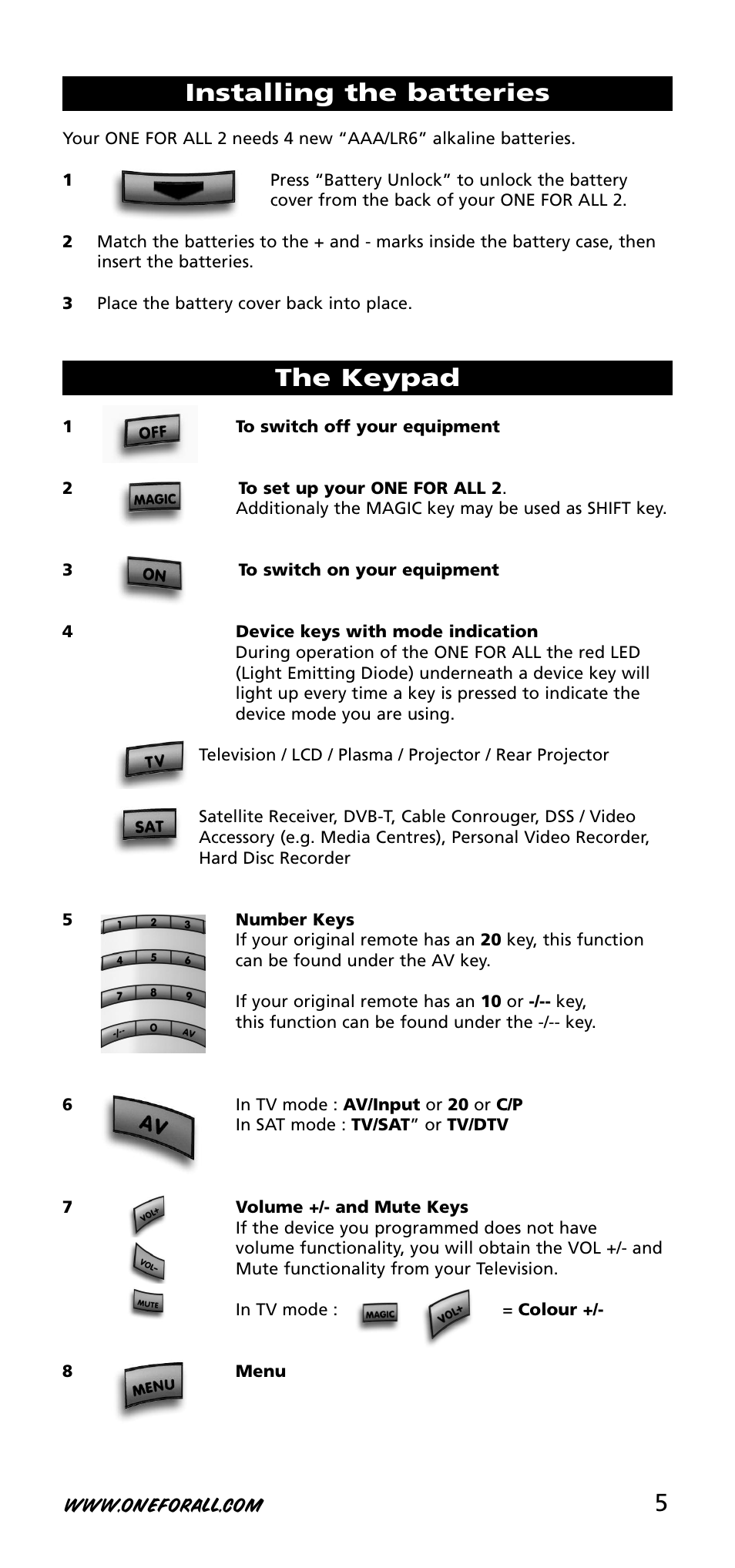 5installing the batteries, The keypad | One for All URC-3720 User Manual | Page 5 / 166