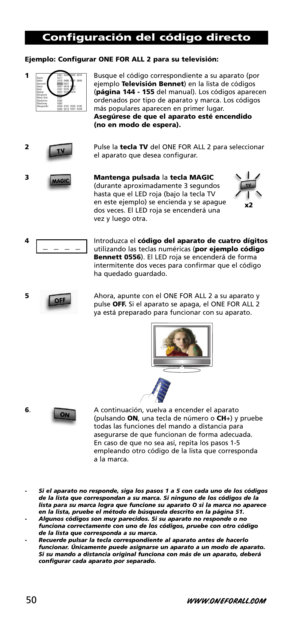 Configuración del código directo | One for All URC-3720 User Manual | Page 50 / 166