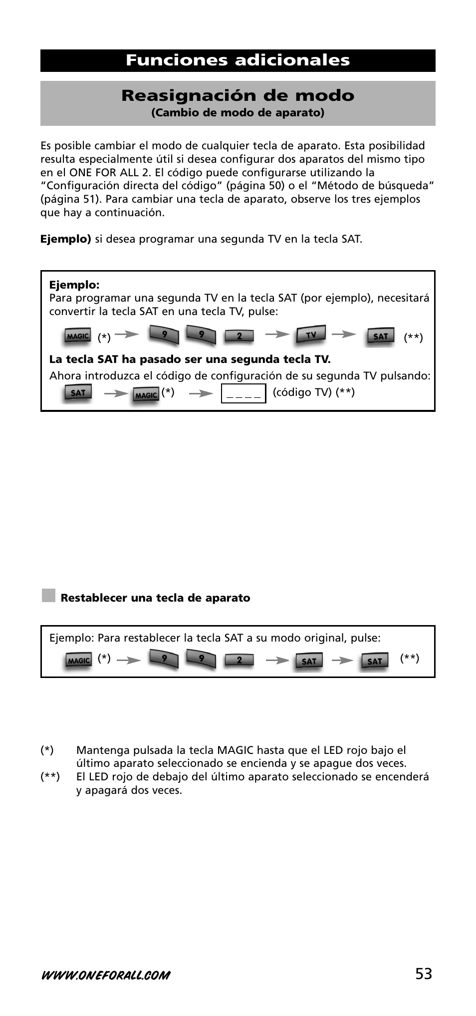 Funciones adicionales reasignación de modo | One for All URC-3720 User Manual | Page 53 / 166