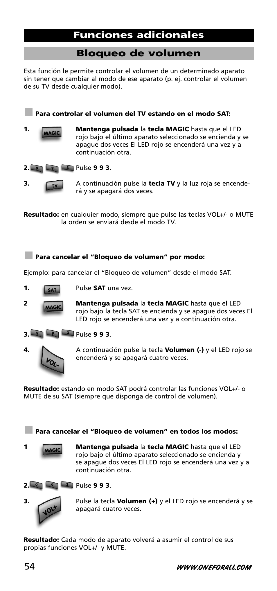 Bloqueo de volumen, Funciones adicionales | One for All URC-3720 User Manual | Page 54 / 166