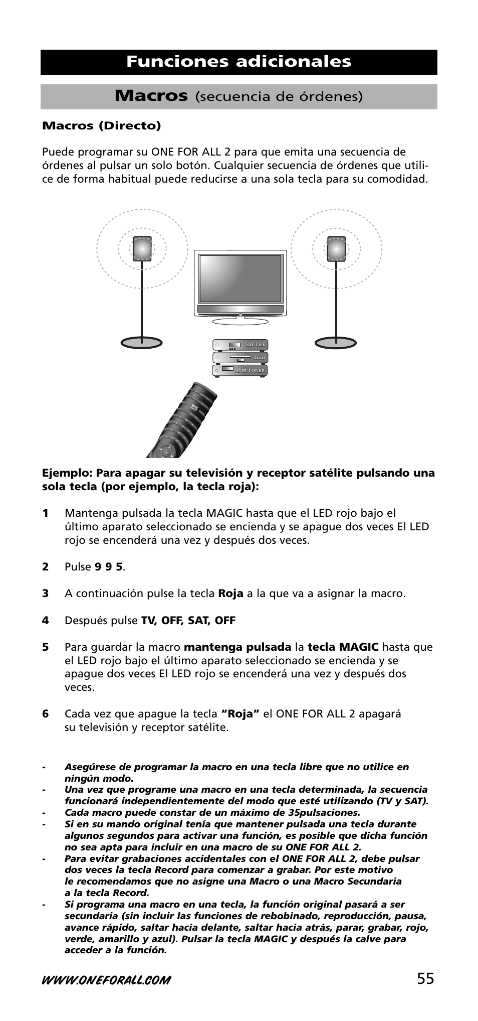 55 macros, Funciones adicionales, Secuencia de órdenes) | One for All URC-3720 User Manual | Page 55 / 166