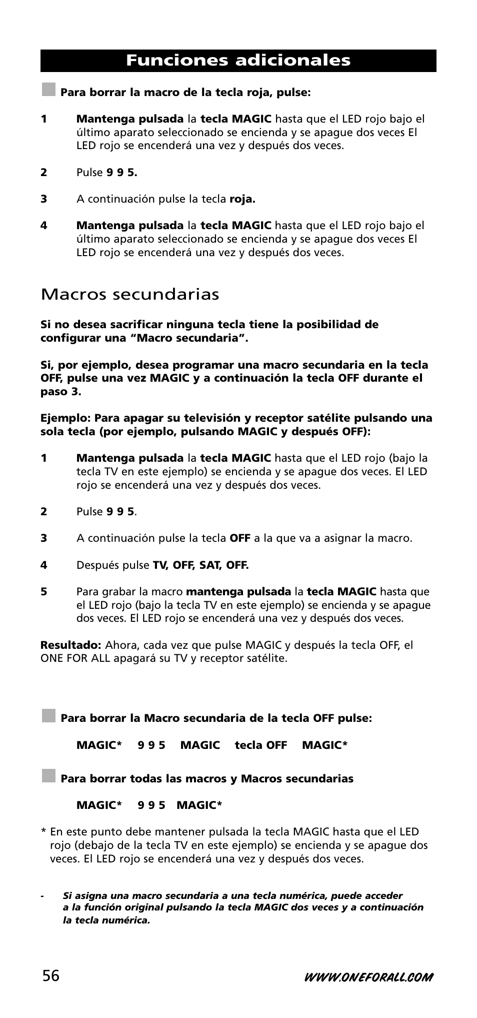Macros secundarias, Funciones adicionales | One for All URC-3720 User Manual | Page 56 / 166