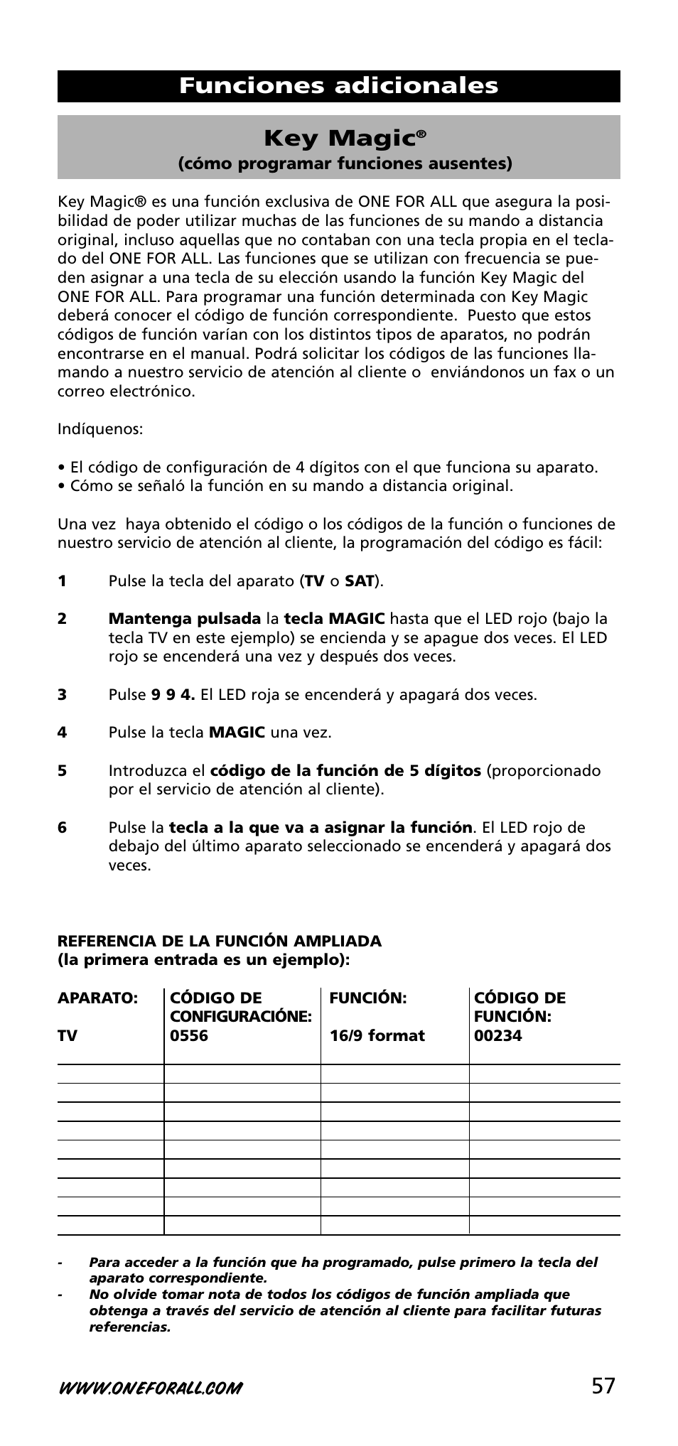 57 key magic, Funciones adicionales | One for All URC-3720 User Manual | Page 57 / 166