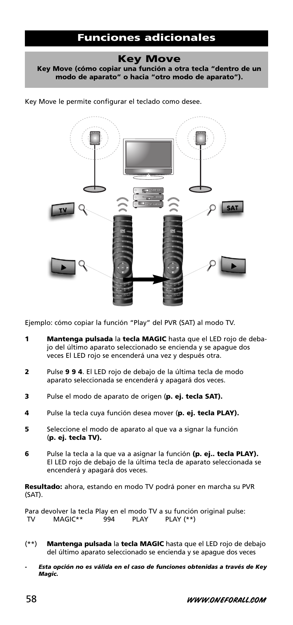 Funciones adicionales key move | One for All URC-3720 User Manual | Page 58 / 166