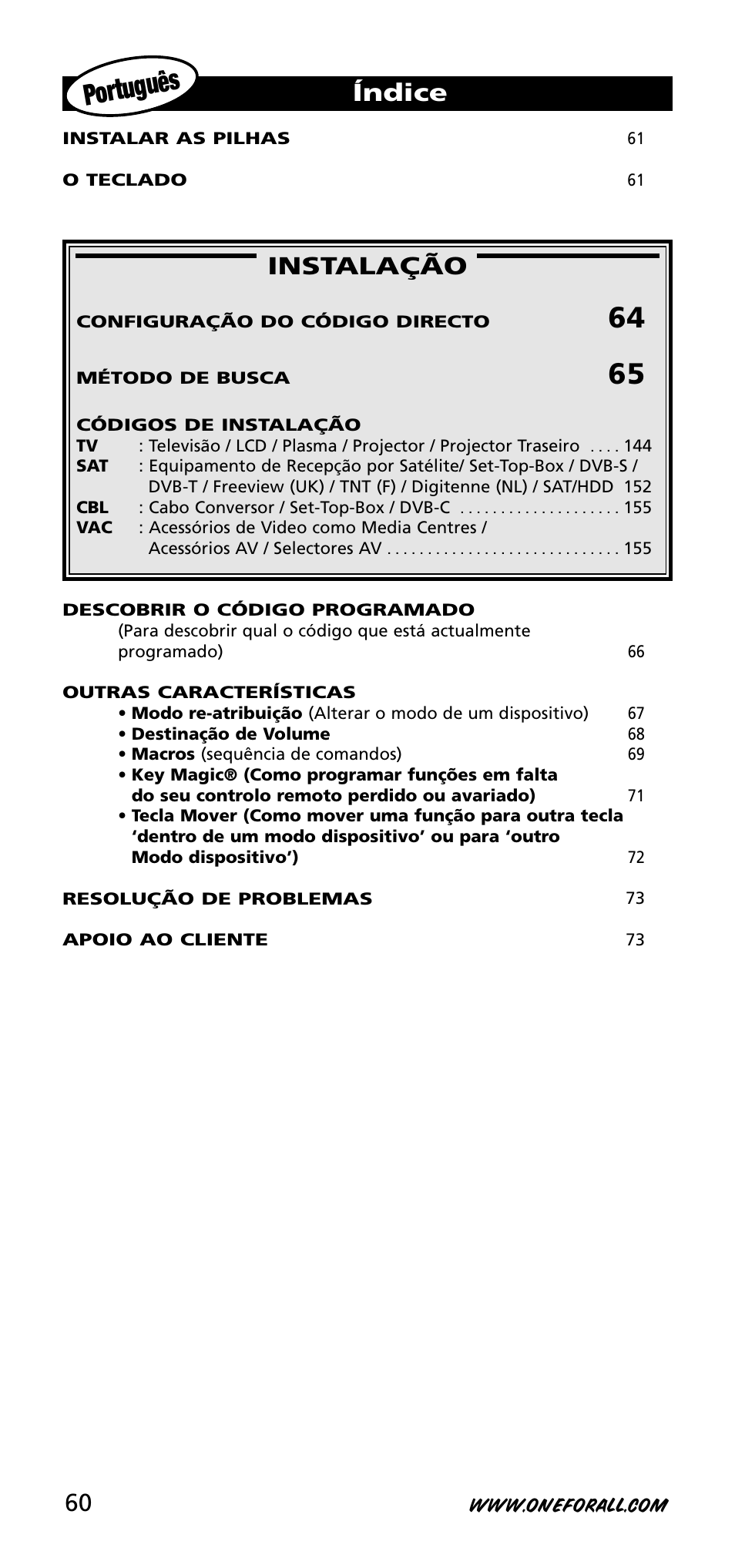 Portugu кs, Instalação, Índice | One for All URC-3720 User Manual | Page 60 / 166