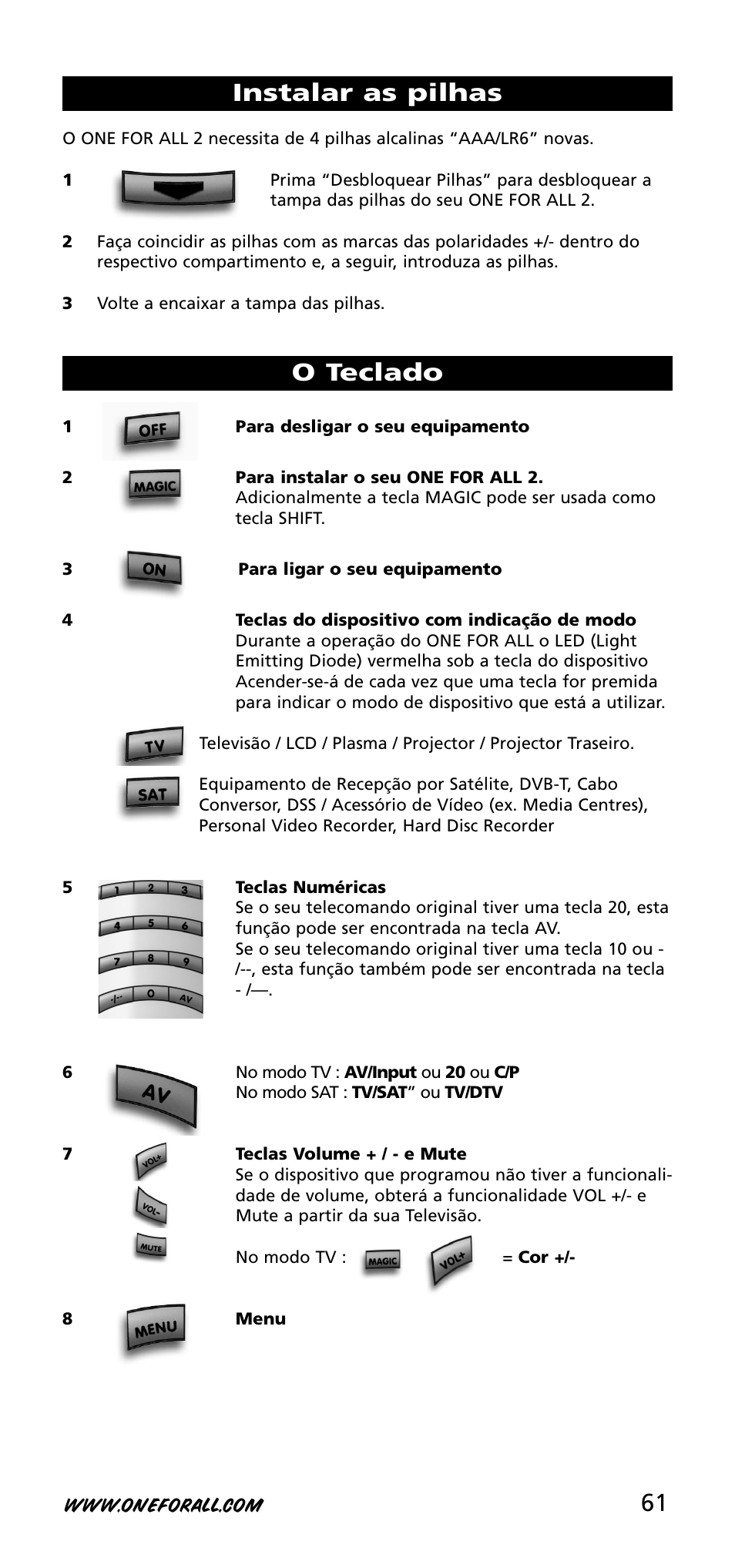 Instalar as pilhas o teclado | One for All URC-3720 User Manual | Page 61 / 166