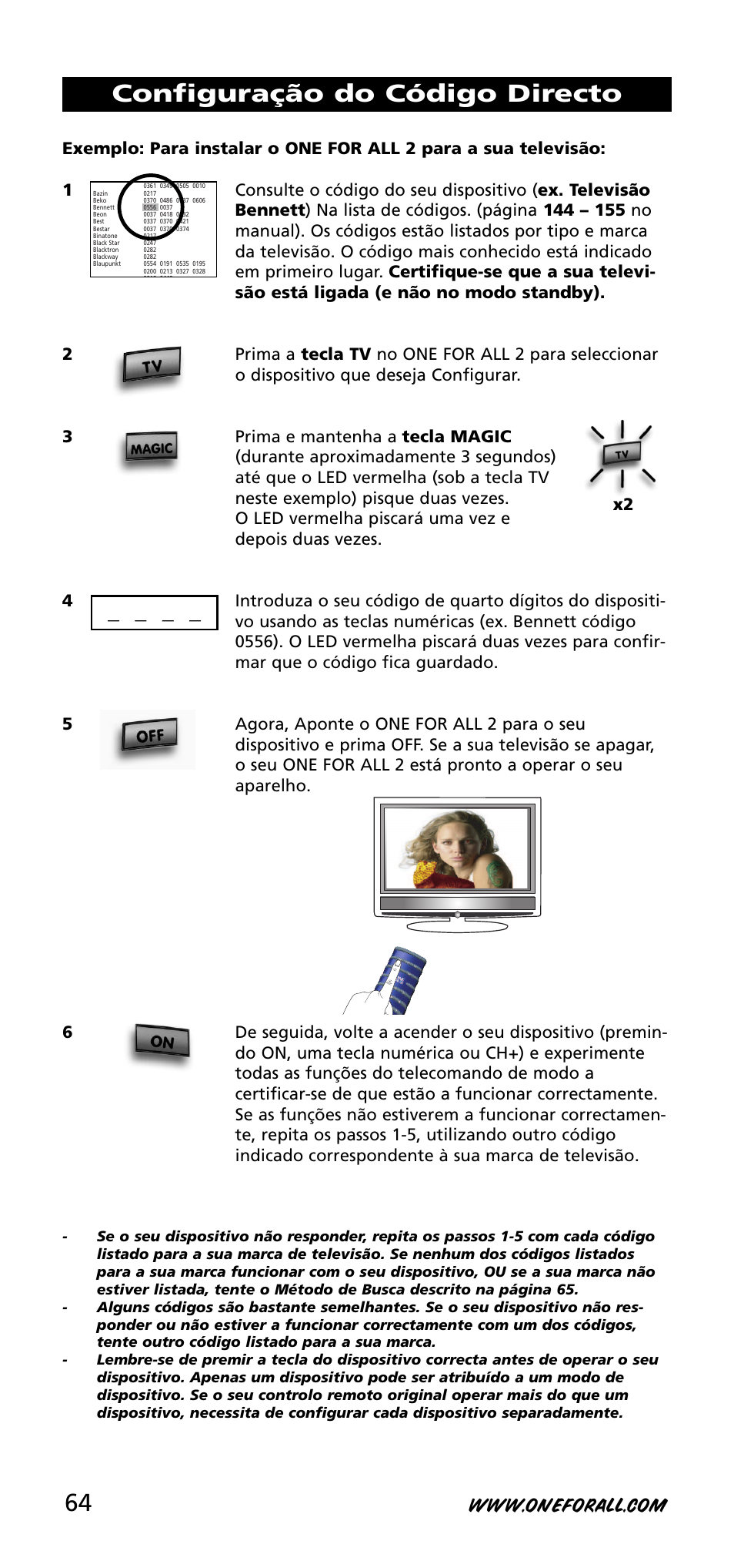 Configuração do código directo | One for All URC-3720 User Manual | Page 64 / 166