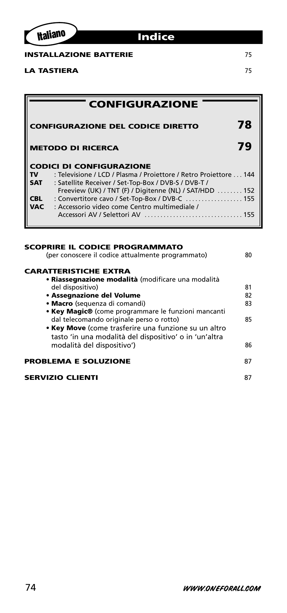 Italiano, Configurazione, Indice | One for All URC-3720 User Manual | Page 74 / 166