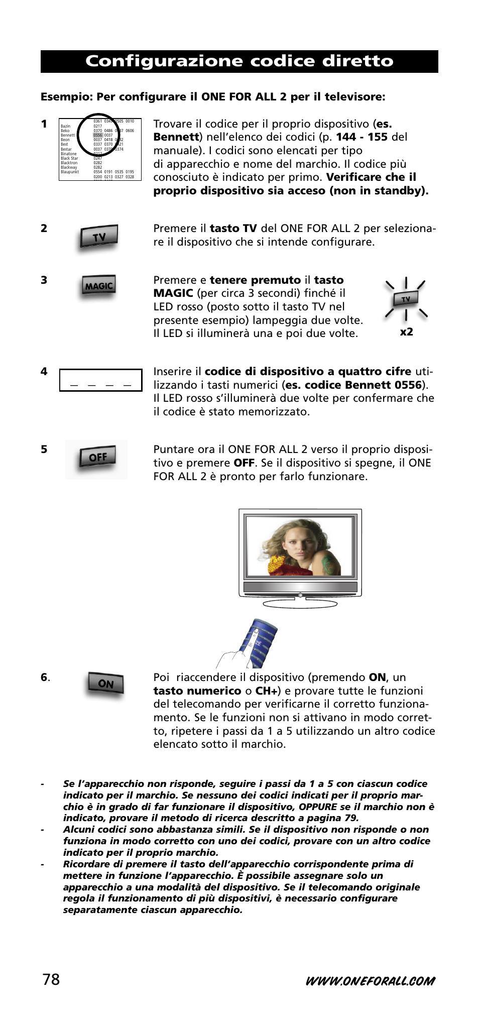 Configurazione codice diretto | One for All URC-3720 User Manual | Page 78 / 166