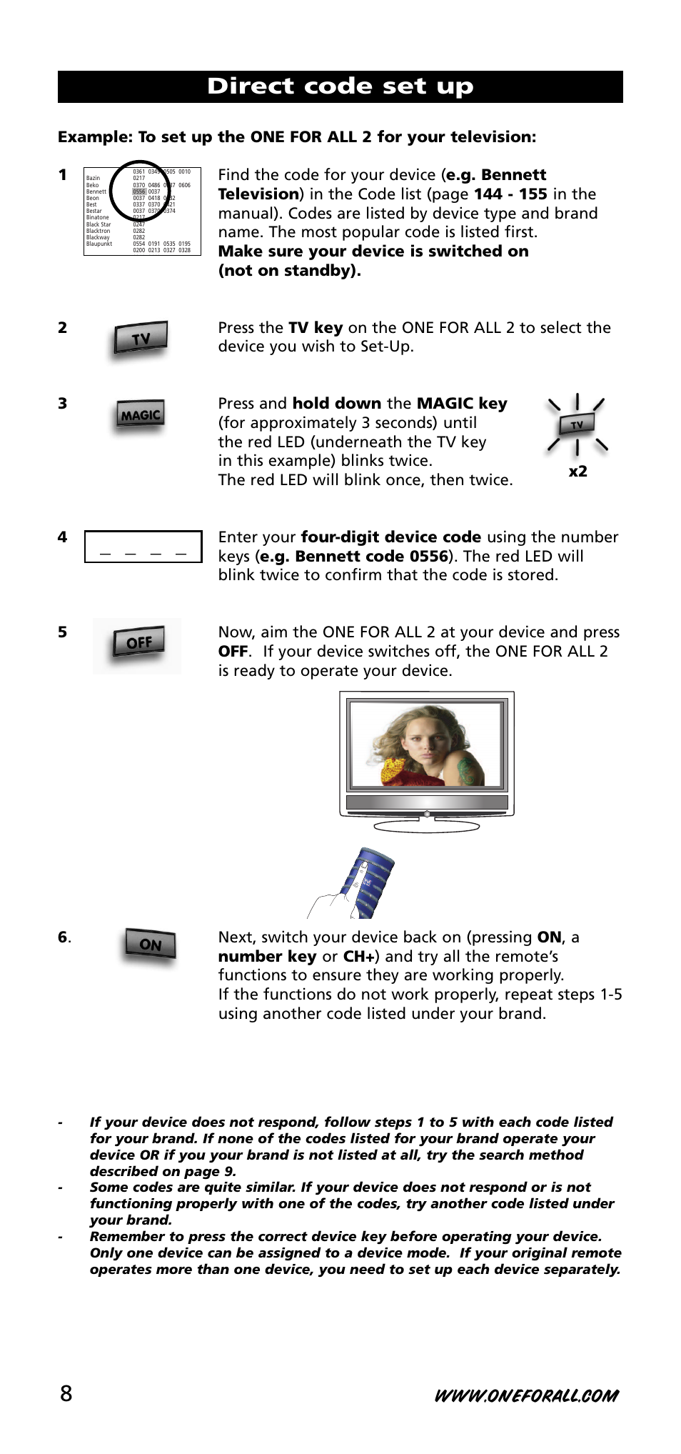 Direct code set up | One for All URC-3720 User Manual | Page 8 / 166