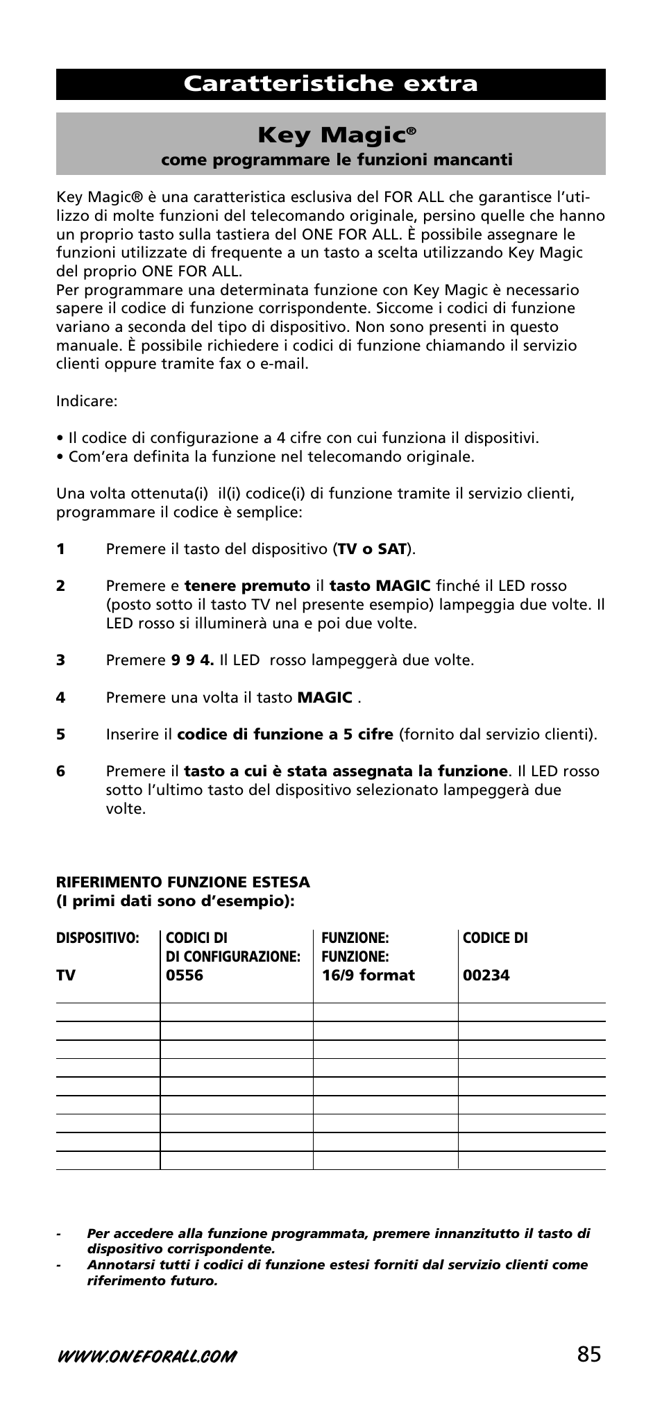 85 key magic, Caratteristiche extra | One for All URC-3720 User Manual | Page 85 / 166