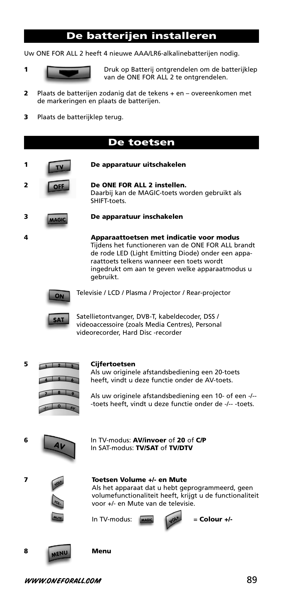 De batterijen installeren de toetsen | One for All URC-3720 User Manual | Page 89 / 166