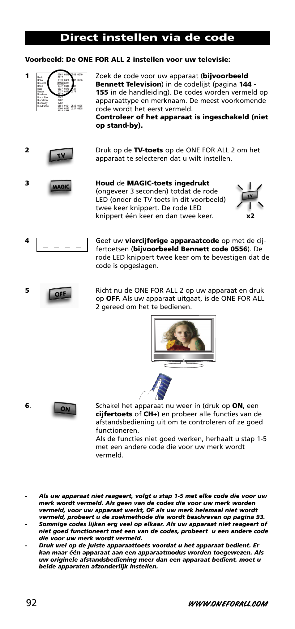 Direct instellen via de code | One for All URC-3720 User Manual | Page 92 / 166