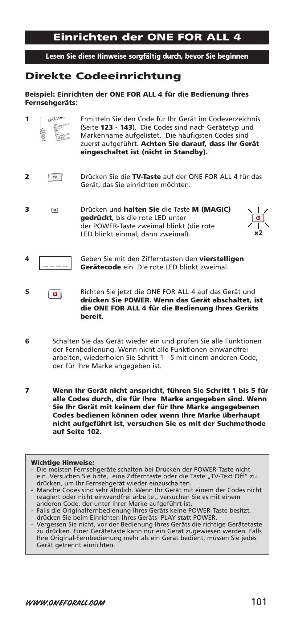 101 direkte codeeinrichtung, Einrichten der one for all 4 | One for All URC-7940 User Manual | Page 101 / 148