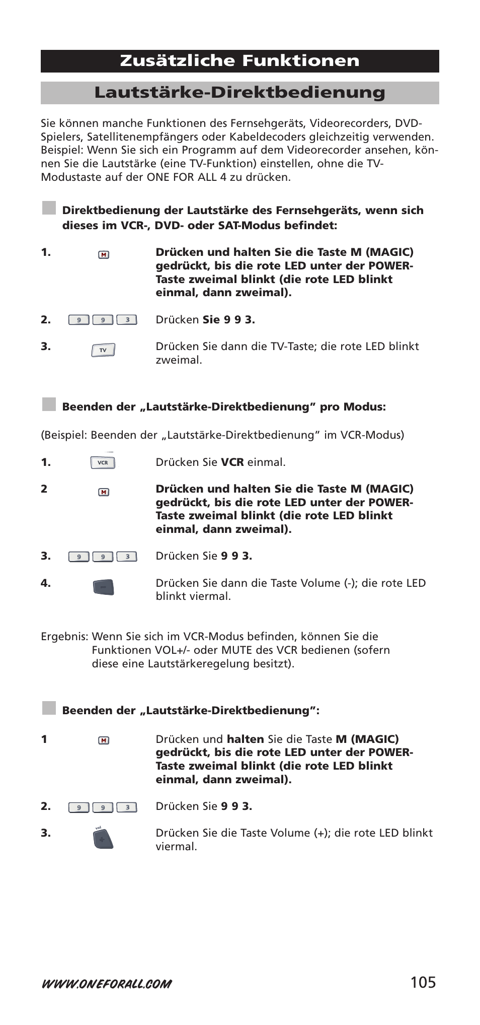 105 lautstärke-direktbedienung, Zusätzliche funktionen | One for All URC-7940 User Manual | Page 105 / 148