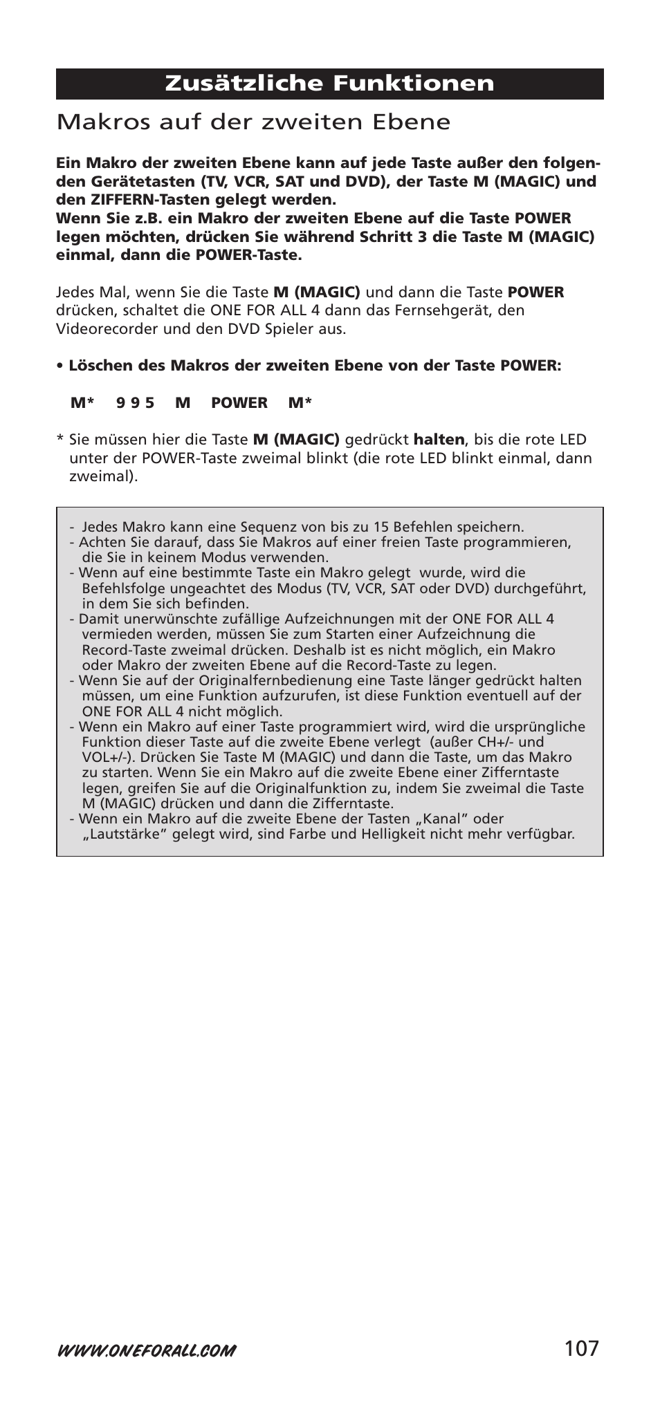 107 makros auf der zweiten ebene, Zusätzliche funktionen | One for All URC-7940 User Manual | Page 107 / 148