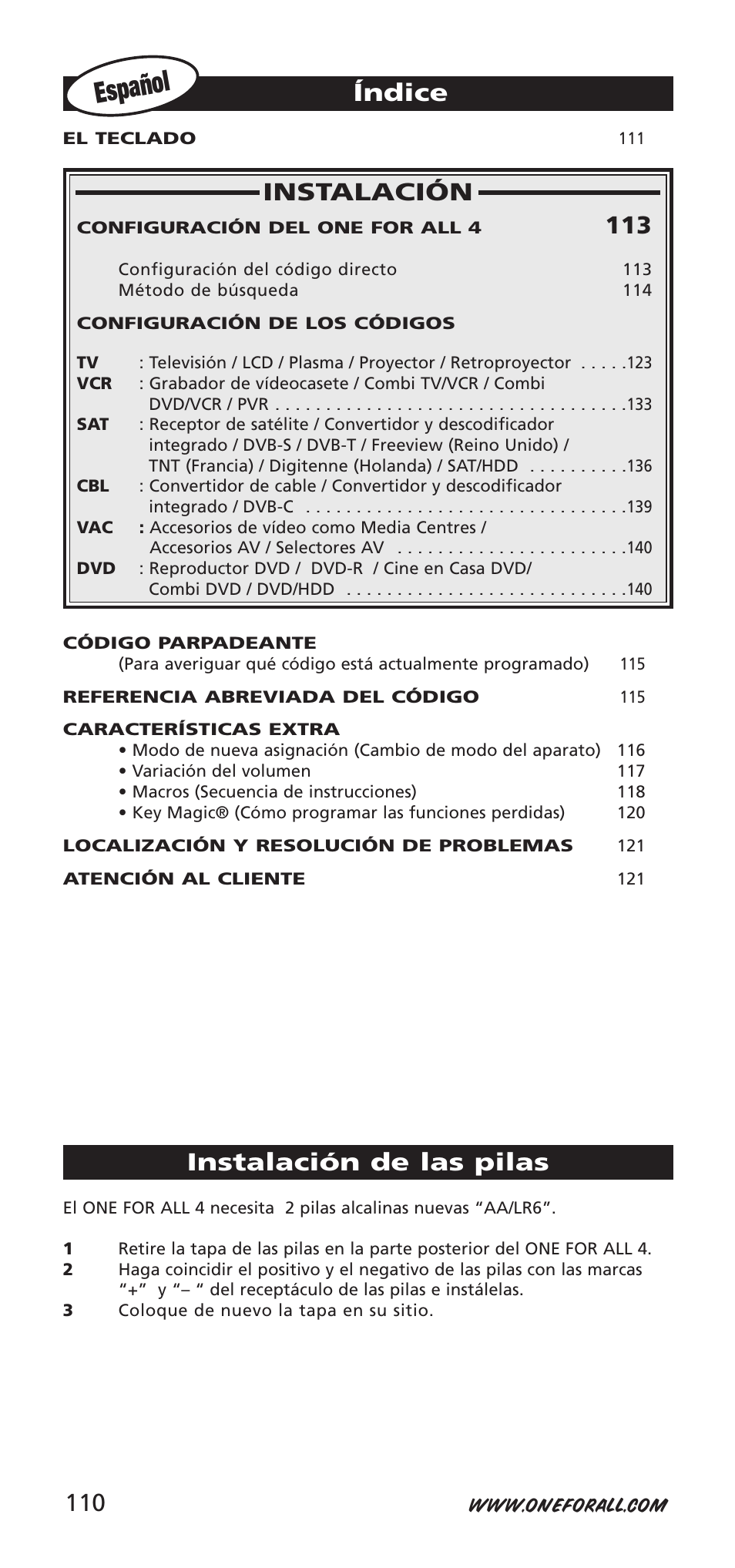 Español, Instalación, Índice | Instalación de las pilas | One for All URC-7940 User Manual | Page 110 / 148