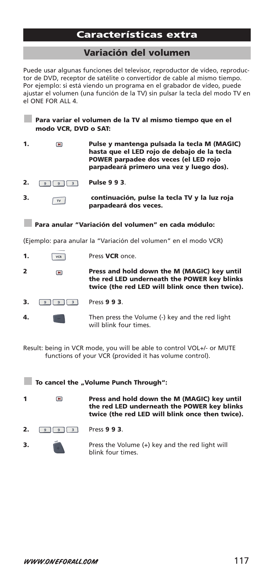 117 variación del volumen, Características extra | One for All URC-7940 User Manual | Page 117 / 148