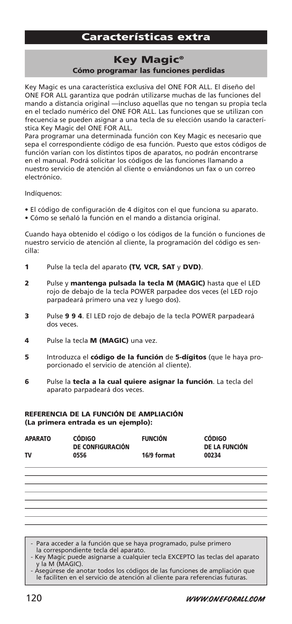 Key magic, Características extra | One for All URC-7940 User Manual | Page 120 / 148