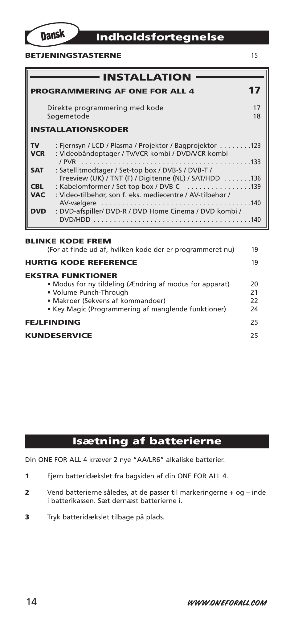 Dansk, Installation, Indholdsfortegnelse | Isætning af batterierne | One for All URC-7940 User Manual | Page 14 / 148