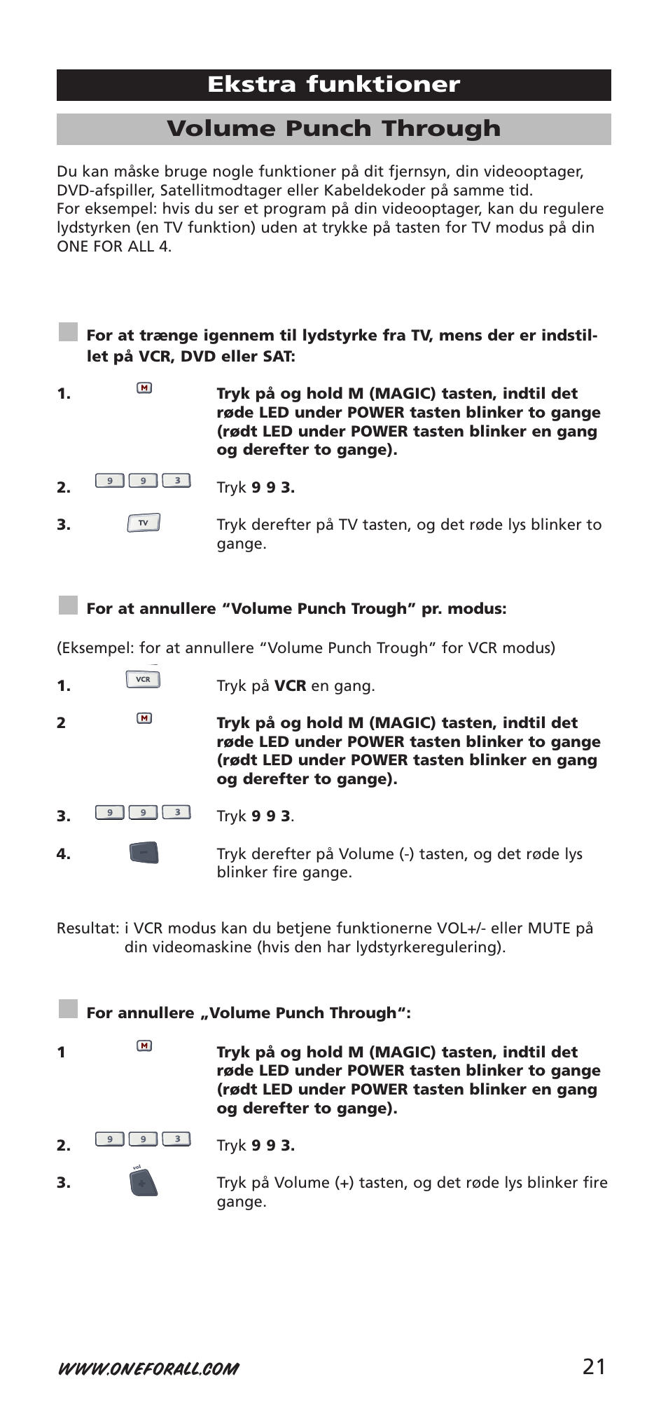 21 volume punch through, Ekstra funktioner | One for All URC-7940 User Manual | Page 21 / 148