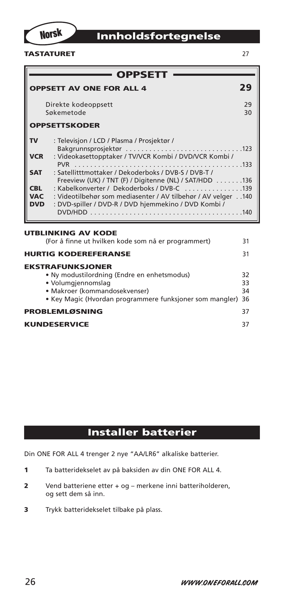 Norsk, Oppsett, Innholdsfortegnelse | Installer batterier | One for All URC-7940 User Manual | Page 26 / 148