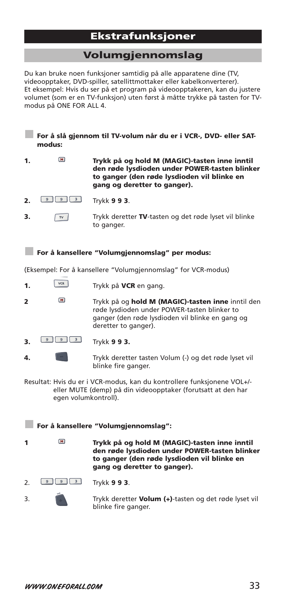 33 volumgjennomslag, Ekstrafunksjoner | One for All URC-7940 User Manual | Page 33 / 148