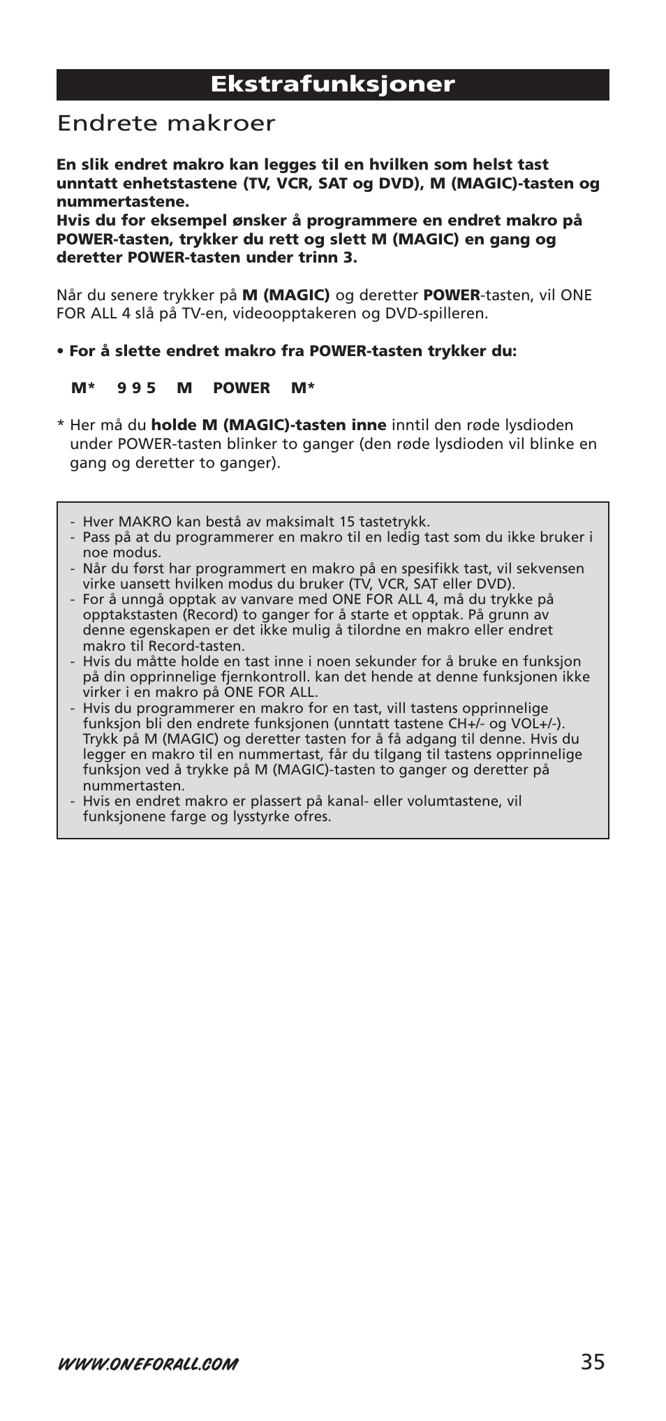 35 endrete makroer, Ekstrafunksjoner | One for All URC-7940 User Manual | Page 35 / 148