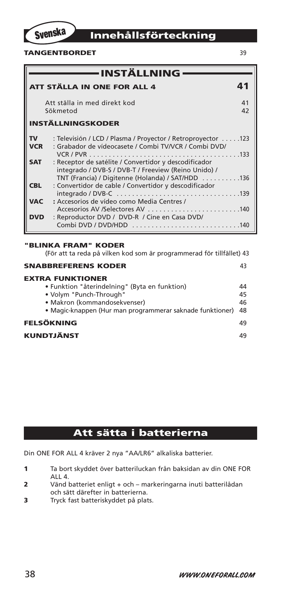 Svenska, Inställning, Innehållsförteckning | Att sätta i batterierna | One for All URC-7940 User Manual | Page 38 / 148