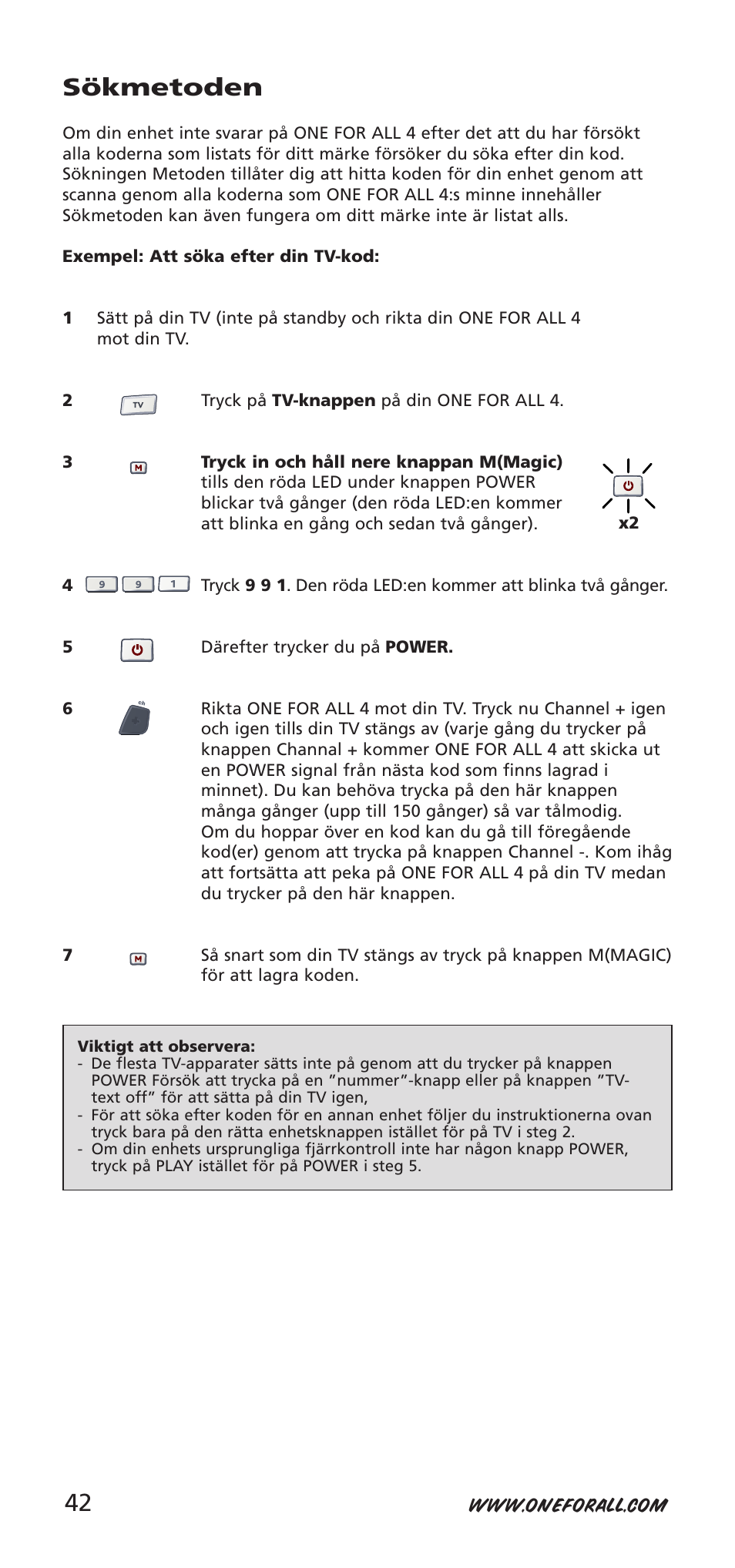 Sökmetoden | One for All URC-7940 User Manual | Page 42 / 148
