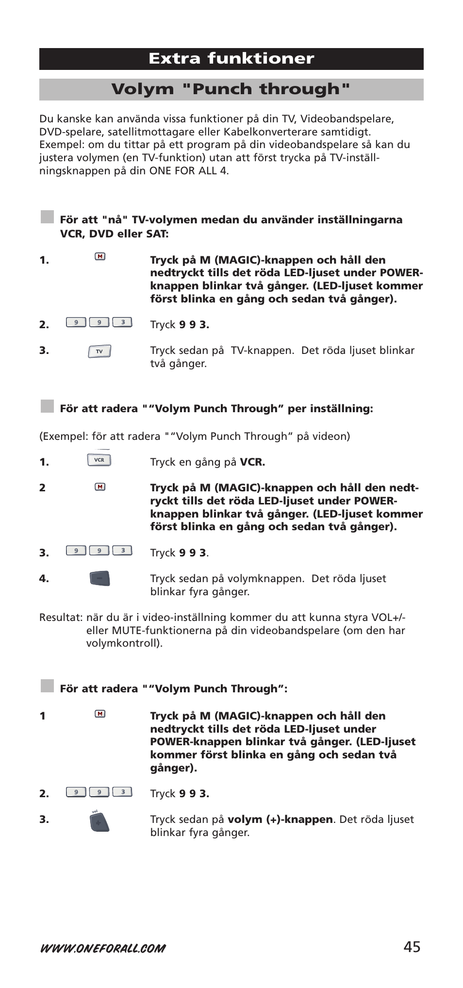 45 volym "punch through, Extra funktioner | One for All URC-7940 User Manual | Page 45 / 148