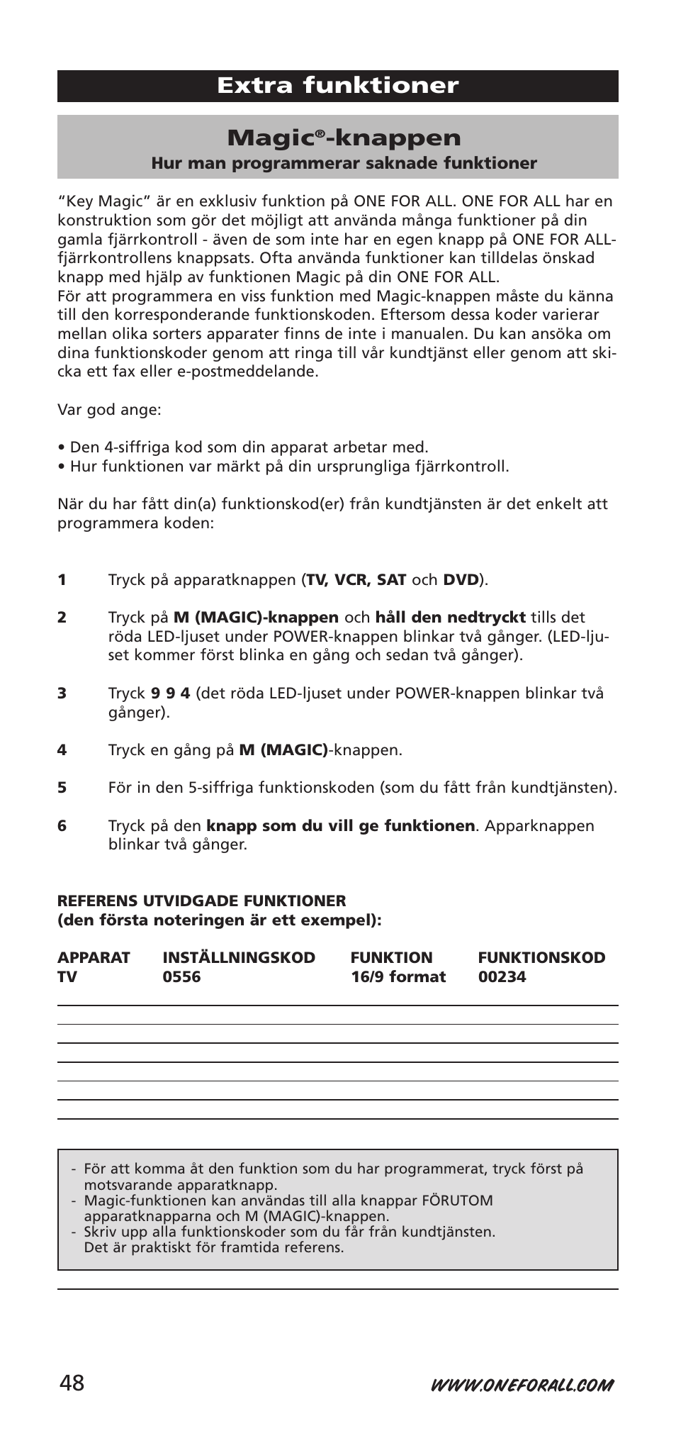 Magic, Knappen, Extra funktioner | One for All URC-7940 User Manual | Page 48 / 148