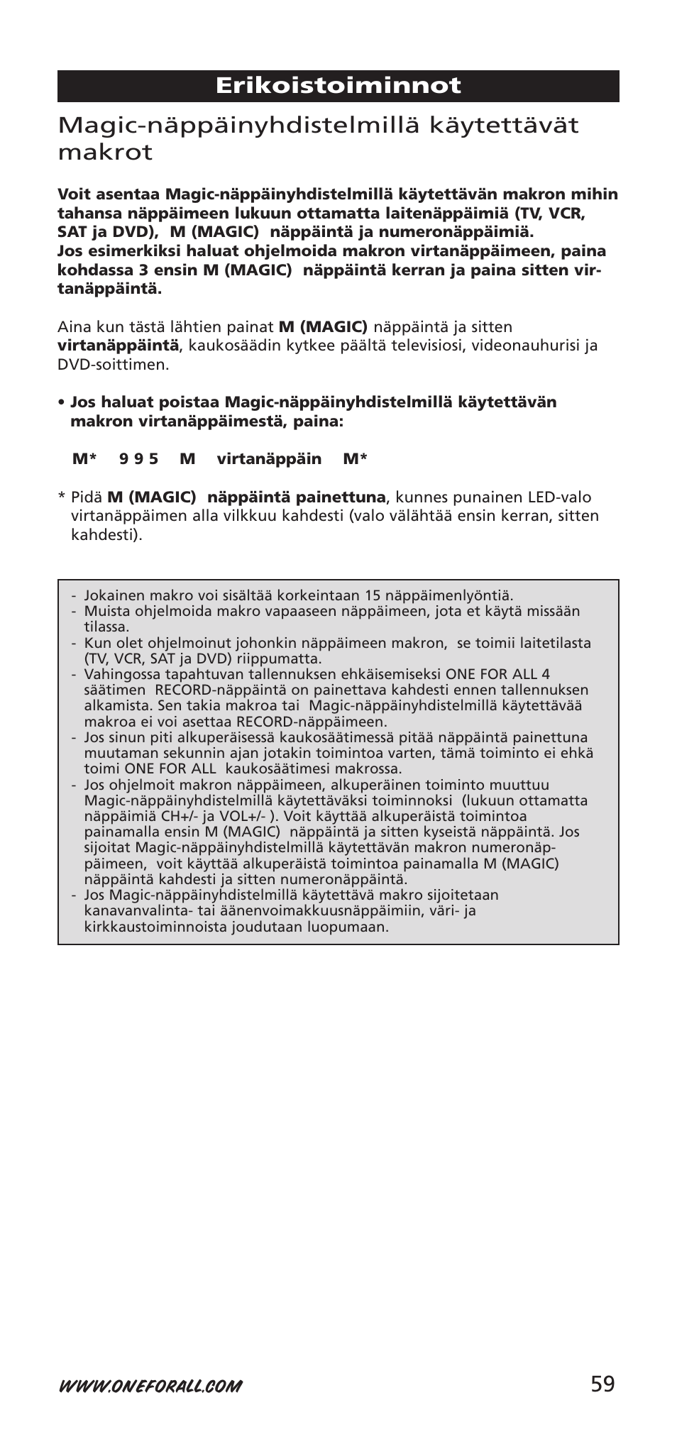 59 magic-näppäinyhdistelmillä käytettävät makrot, Erikoistoiminnot | One for All URC-7940 User Manual | Page 59 / 148