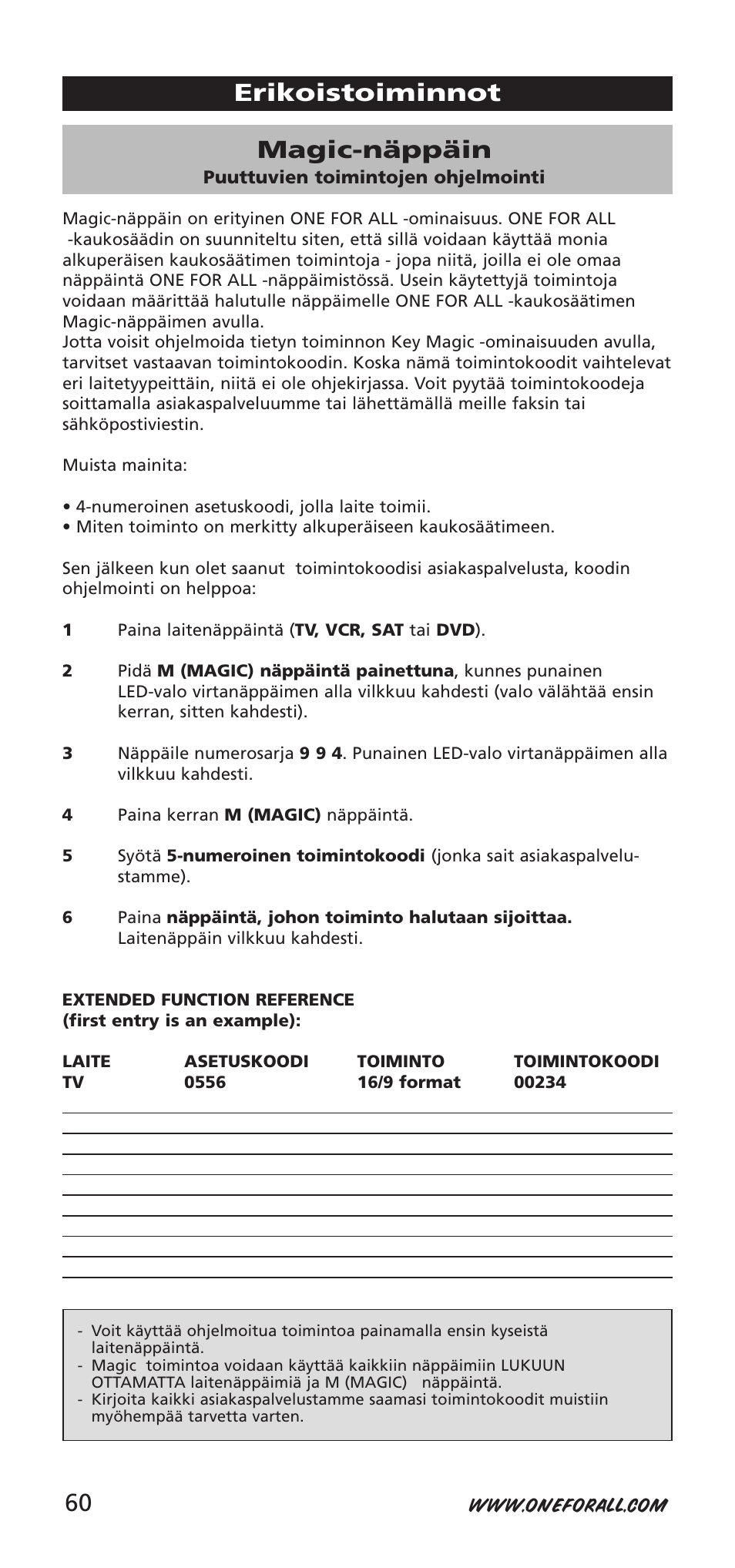 Magic-näppäin, Erikoistoiminnot | One for All URC-7940 User Manual | Page 60 / 148