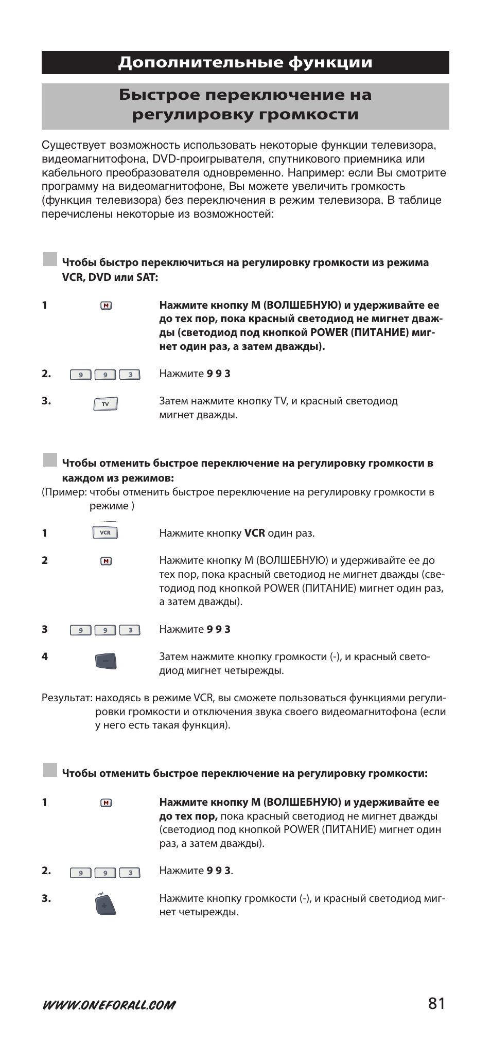 81 быстрое переключение на регулировку громкости, Дополнительные функции | One for All URC-7940 User Manual | Page 81 / 148
