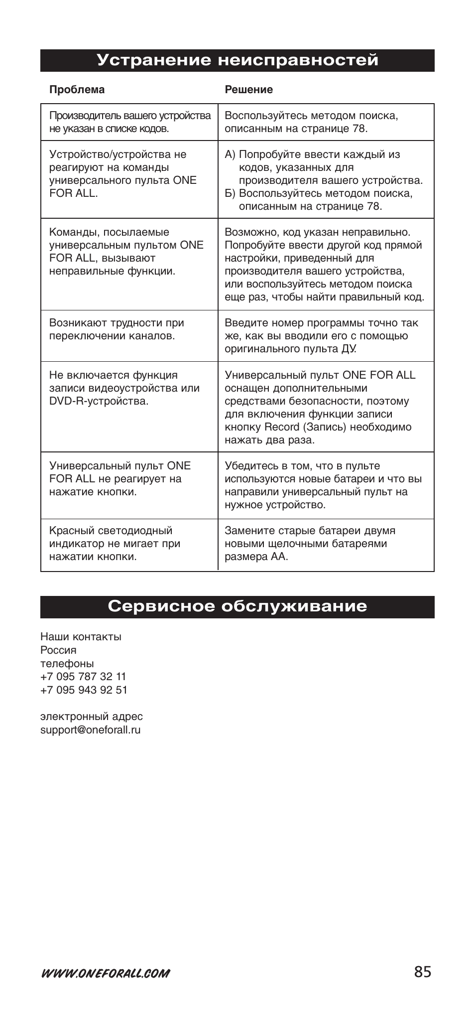 85 устранение неисправностей, Сервисное обслуживание | One for All URC-7940 User Manual | Page 85 / 148