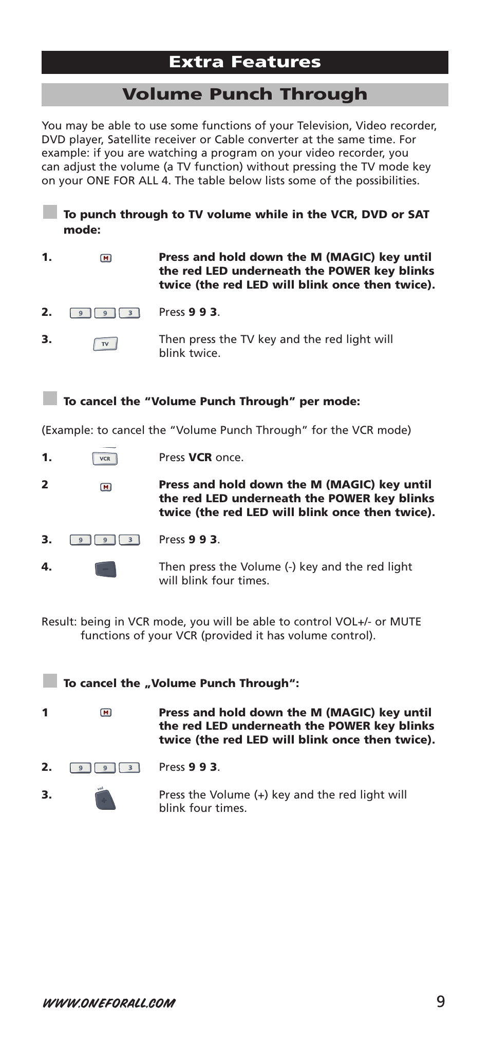 9volume punch through, Extra features | One for All URC-7940 User Manual | Page 9 / 148