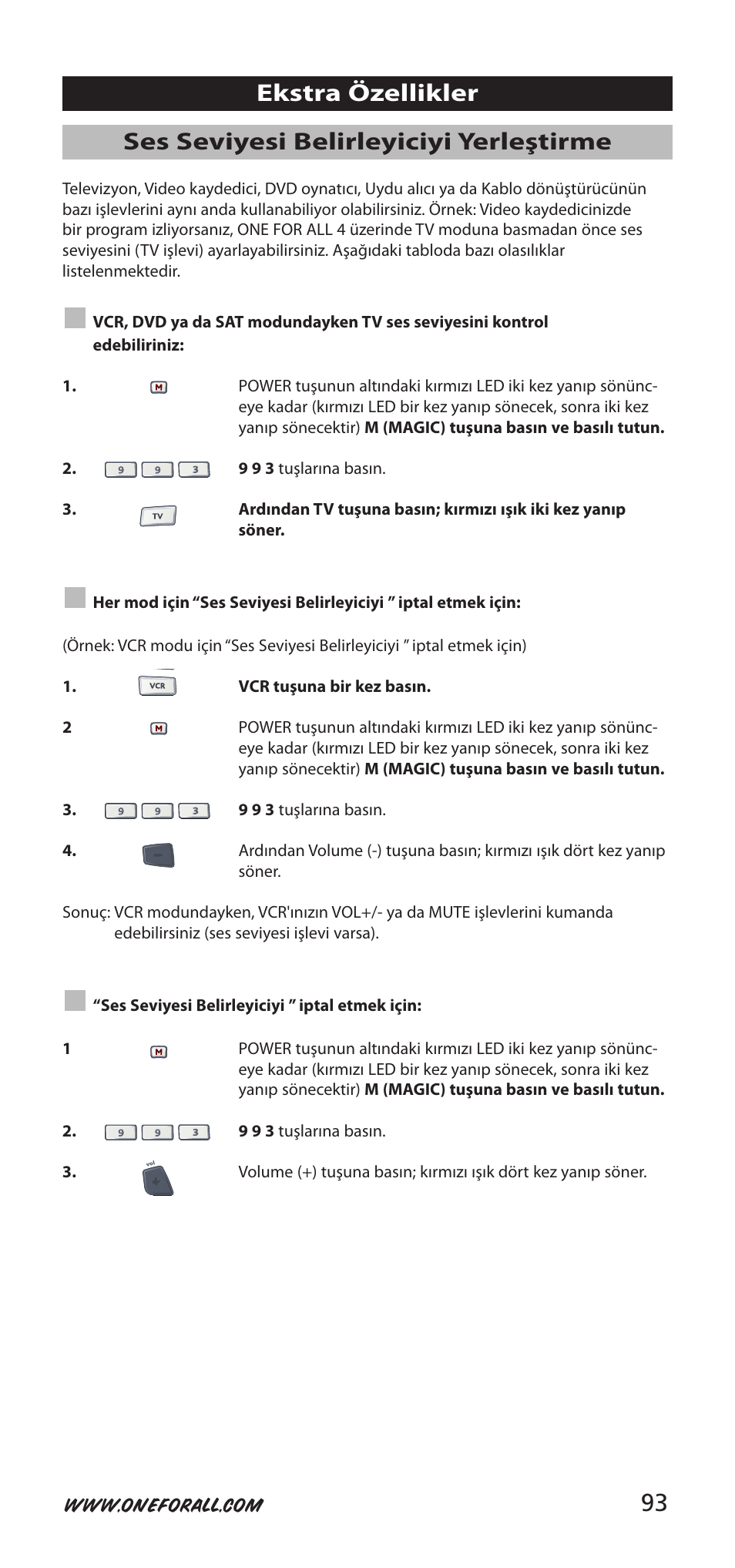 93 ses seviyesi belirleyiciyi yerleştirme, Ekstra özellikler | One for All URC-7940 User Manual | Page 93 / 148