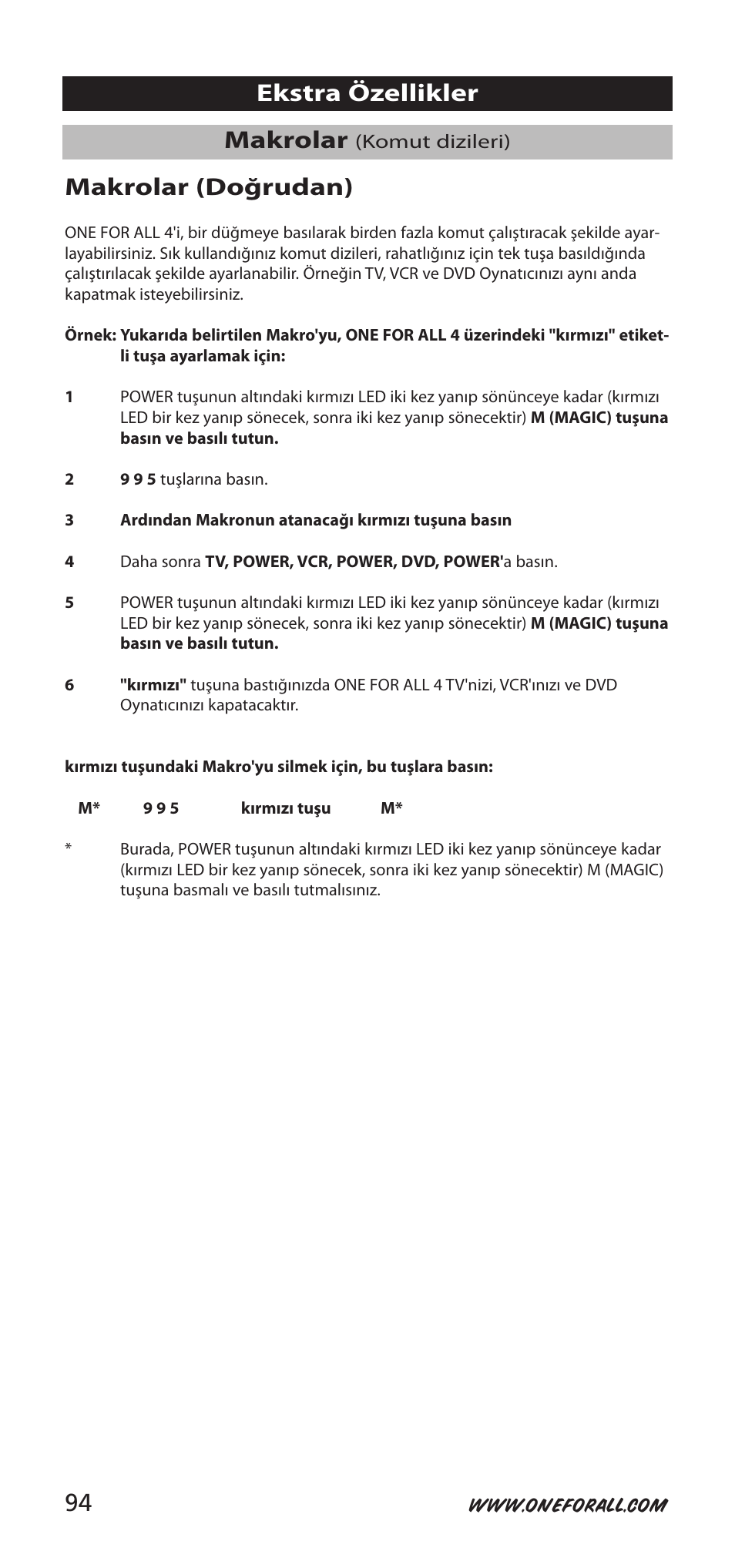 Makrolar, Ekstra özellikler makrolar (doğrudan) | One for All URC-7940 User Manual | Page 94 / 148