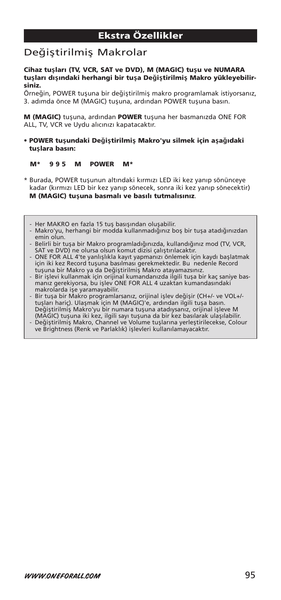 95 de ğiştirilmiş makrolar, Ekstra özellikler | One for All URC-7940 User Manual | Page 95 / 148