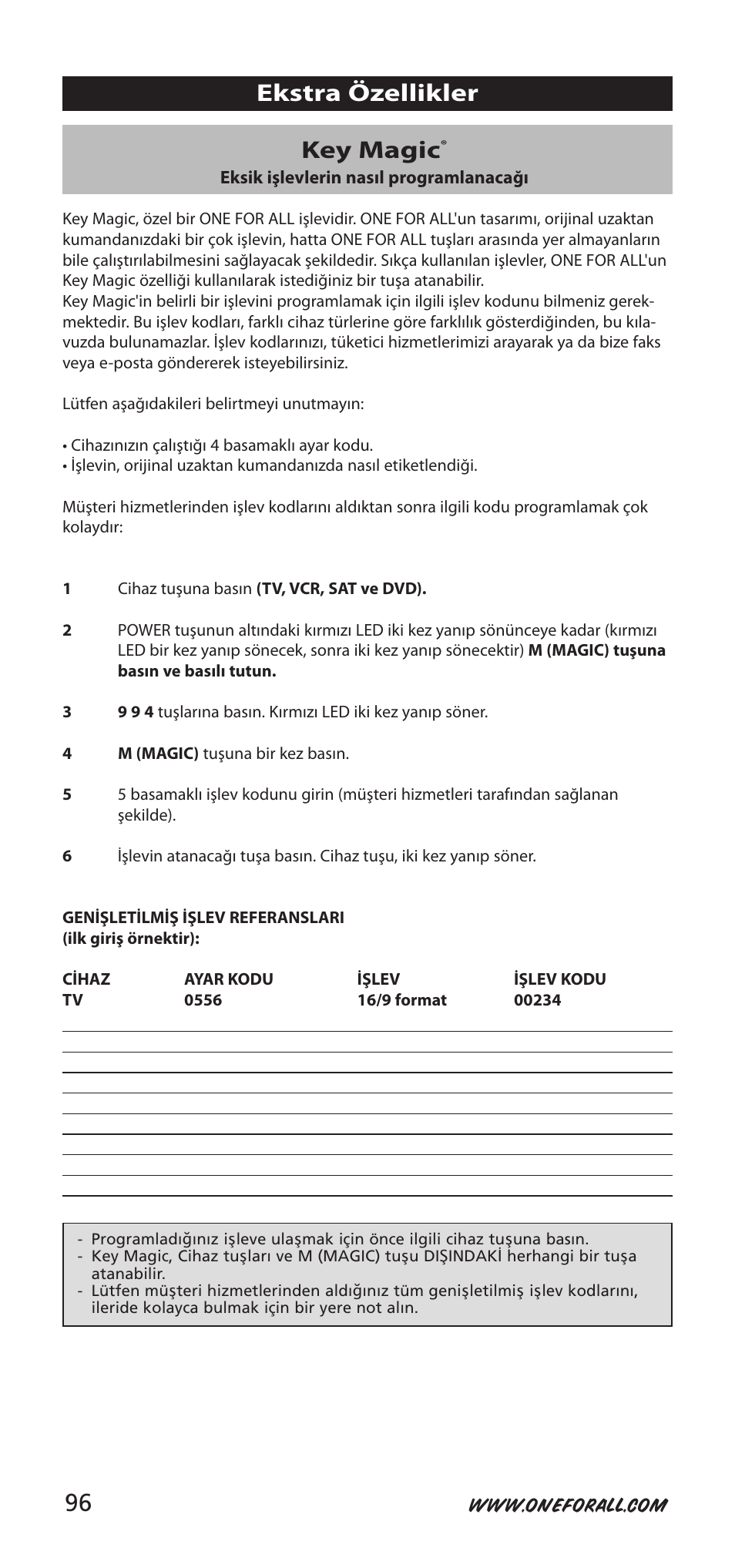 Key magic, Ekstra özellikler | One for All URC-7940 User Manual | Page 96 / 148