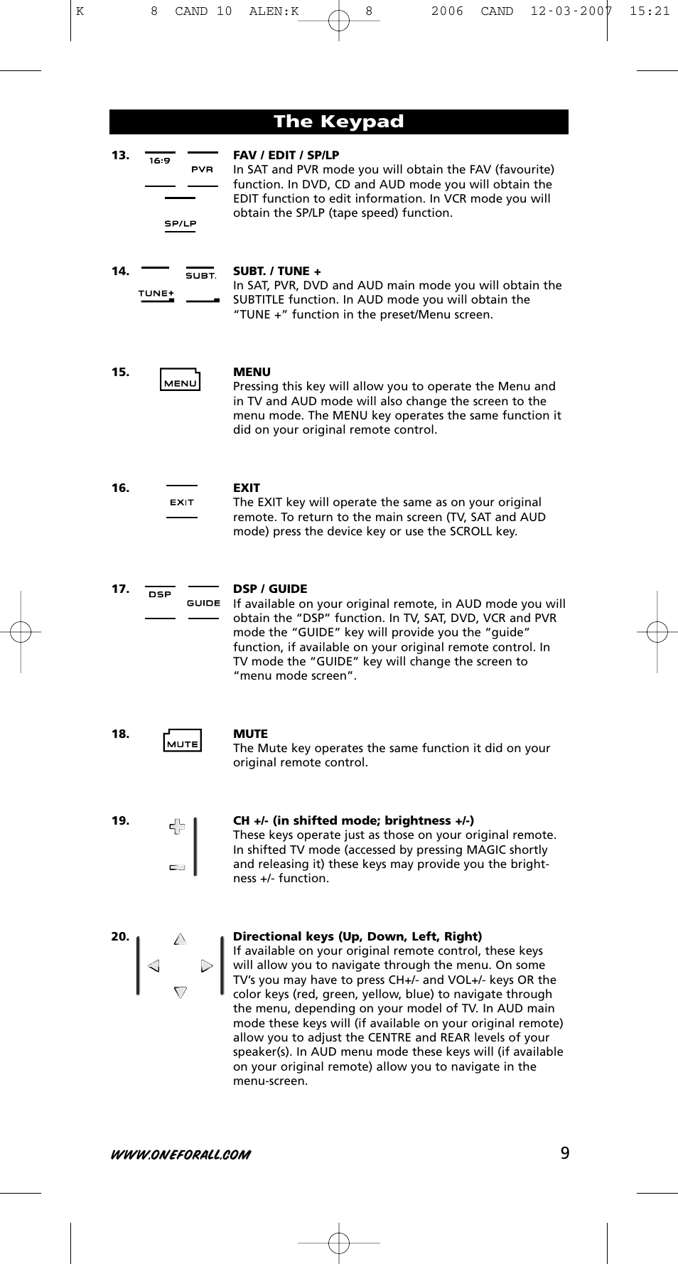 9the keypad | One for All KAMELEON URC-8308 User Manual | Page 10 / 293