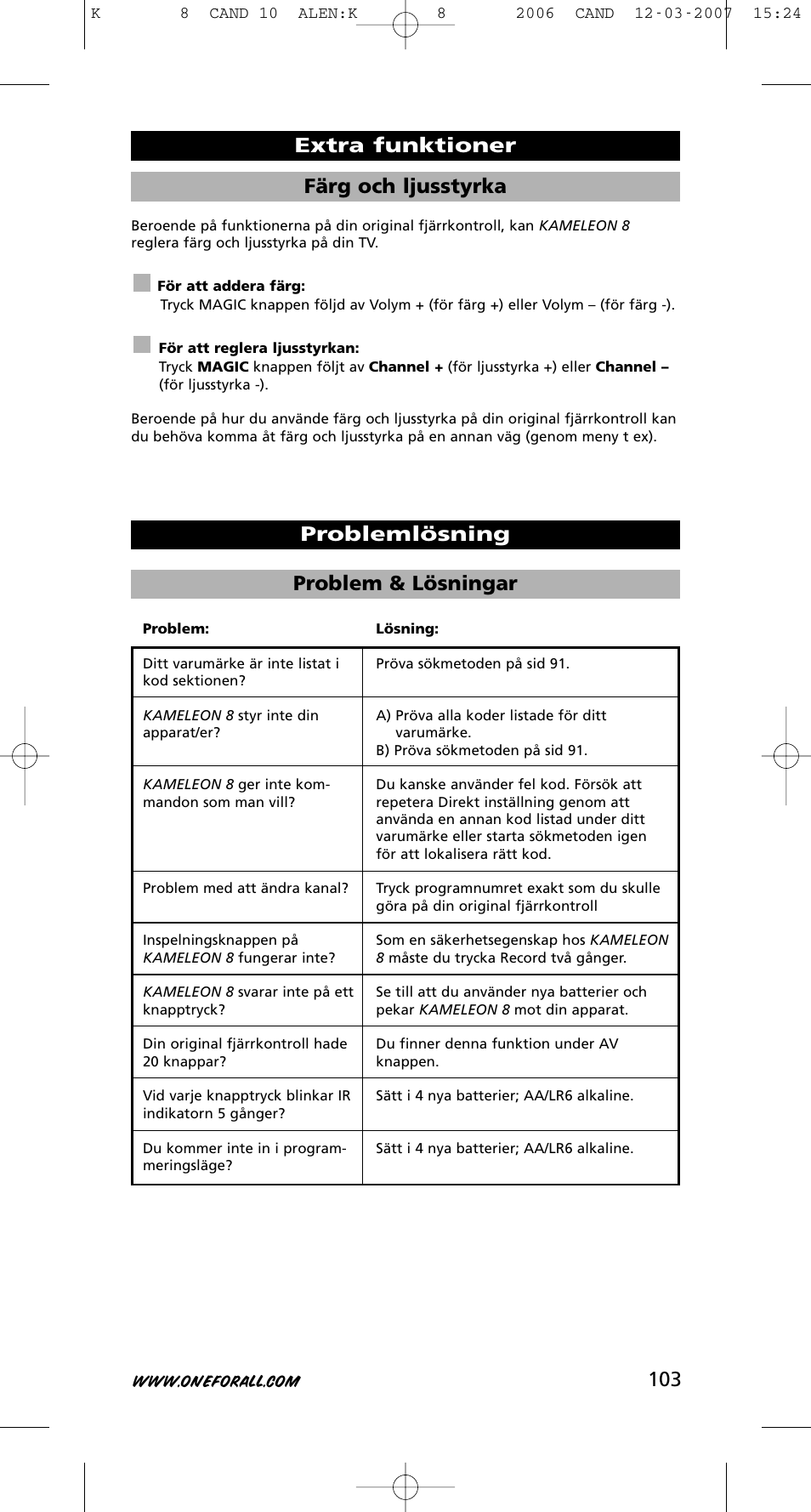 103 färg och ljusstyrka | One for All KAMELEON URC-8308 User Manual | Page 104 / 293