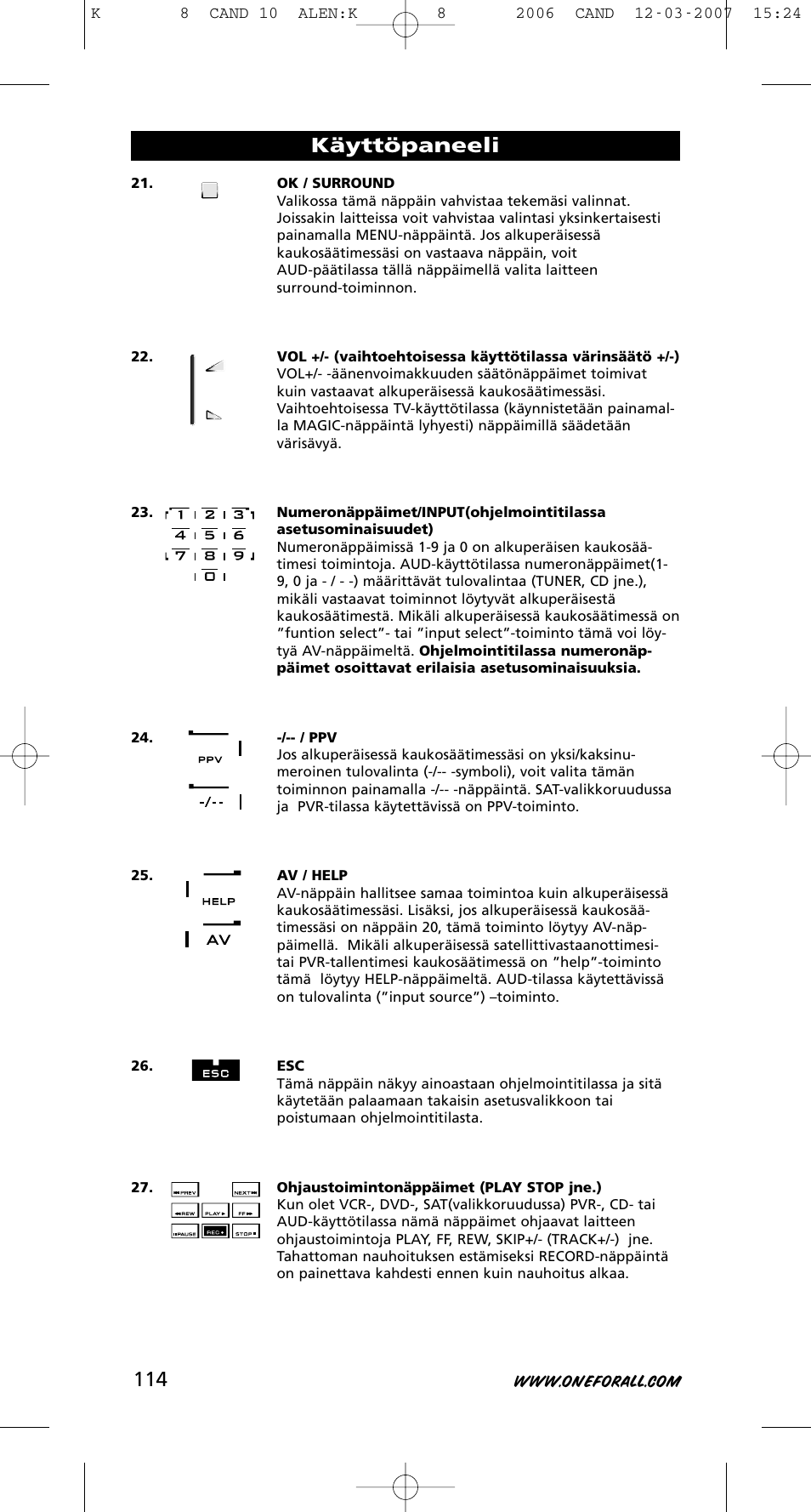 Käyttöpaneeli | One for All KAMELEON URC-8308 User Manual | Page 115 / 293