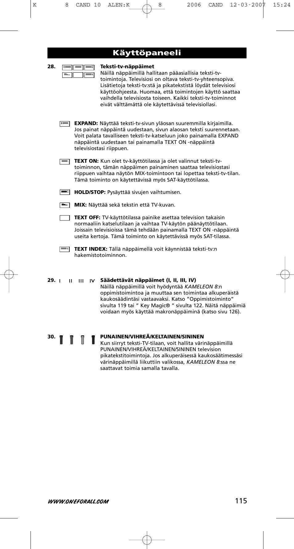 Käyttöpaneeli | One for All KAMELEON URC-8308 User Manual | Page 116 / 293
